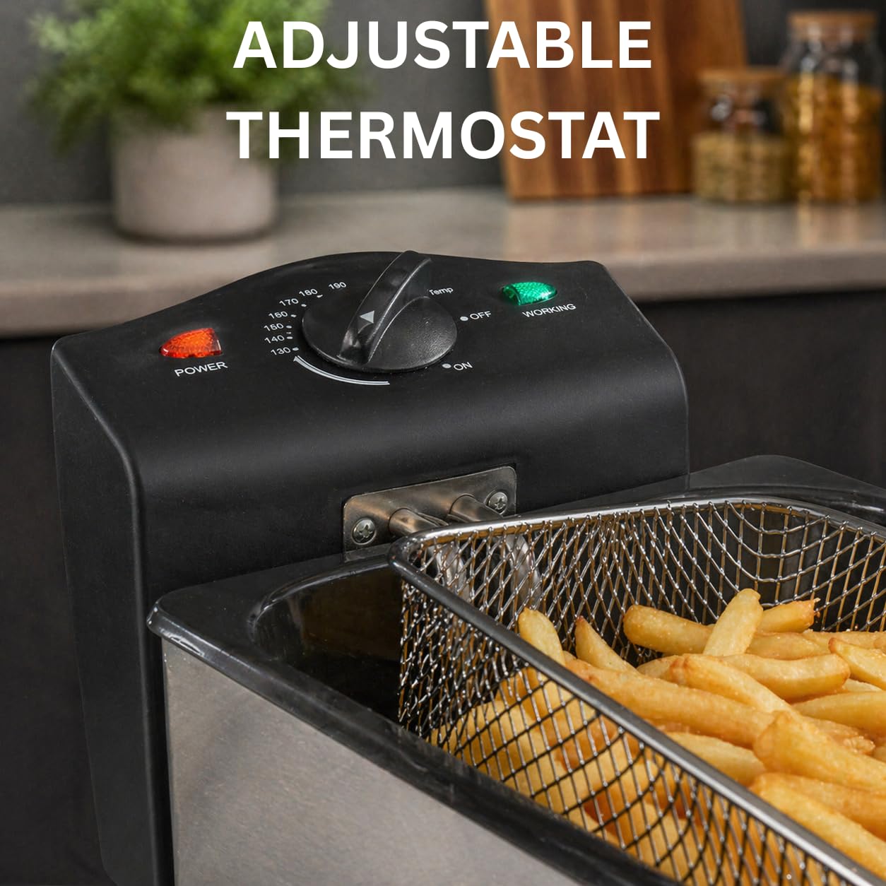 Quest Freidora de grasa profunda de 3 l, acero inoxidable, 2000 W, termostato de 130-190 °C, depósito de aceite extraíble y cesta, freidora eléctrica fácil de limpiar para pescado, pollo y patatas