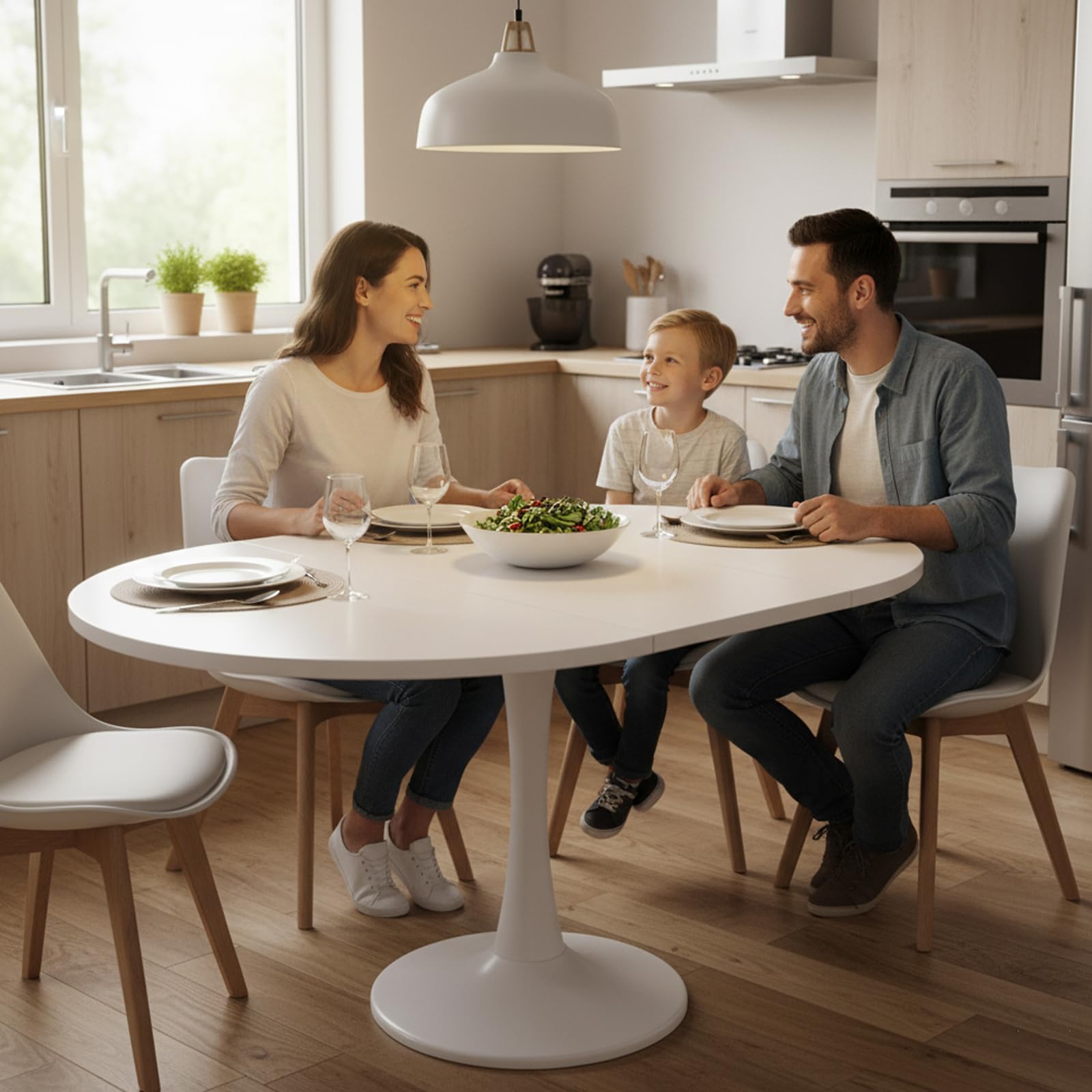 Tavolo da pranzo rotondo allungabile, tavolo da cucina 100/140 x 100 x 75 cm, tavolo da pranzo rotondo bianco per 2-6 persone, tavolo da pranzo allungabile per spazi multifunzionali