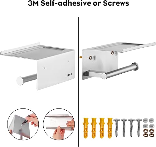 Miniatura 5 de Soporte de papel higiénico con estante, soporte adhesivo montado en la pared para baño, soporte para rollo de pañuelos con estante de almacenamiento