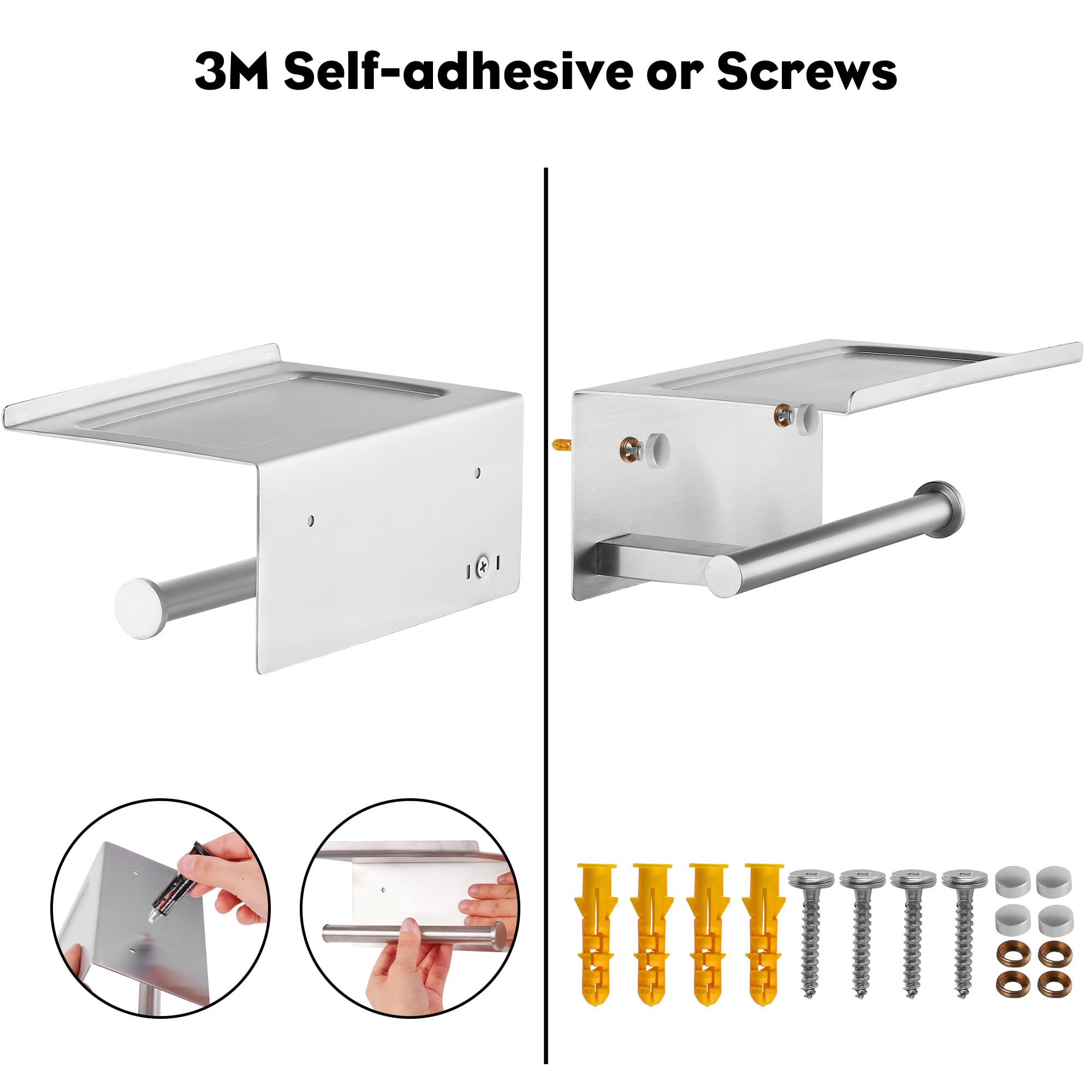 FOMANSH Portarrollos para Papel Higiénico - Portarrollos con Soporte para Celular, Portarrollos de Acero Inoxidable con 2 Métodos de Instalación, Adhesivo, para Baño, Inodoro, Cocina