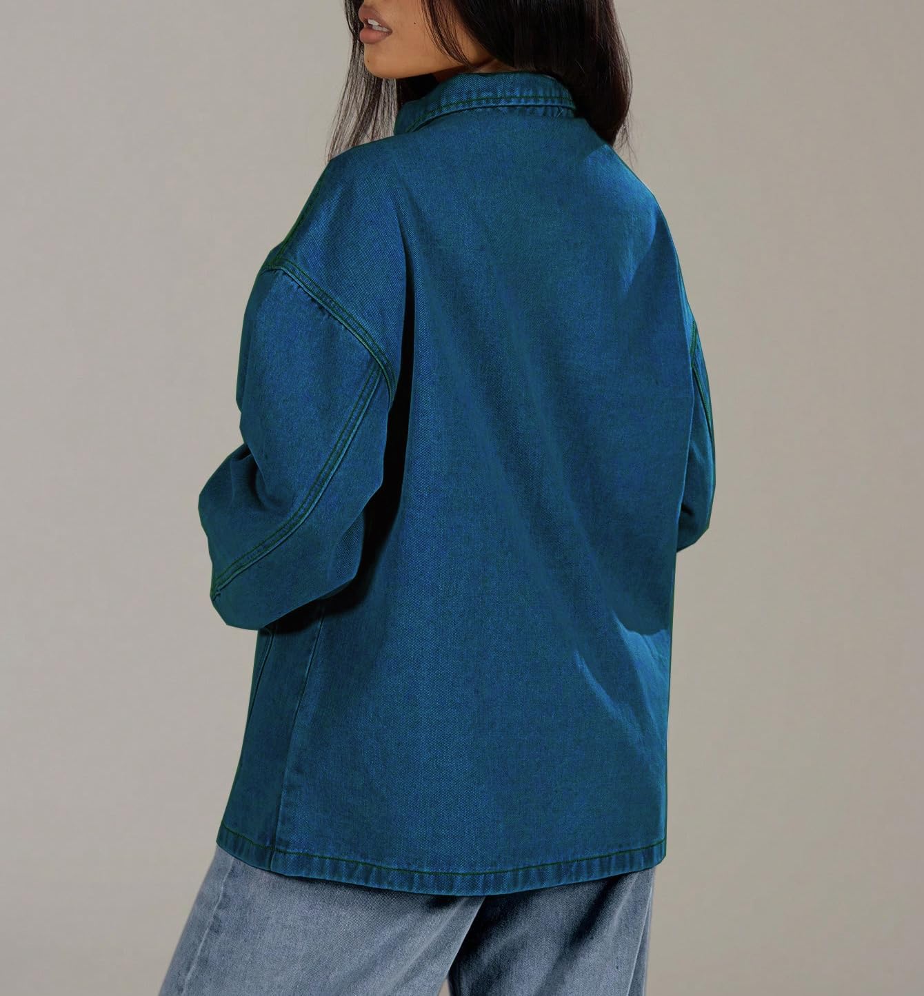 Jean Jacket Women 2025 Trendy Oversized Cargo Button Down Long Sleeve Casual Thick Denim Shacket Coat with Pockets - Image 4