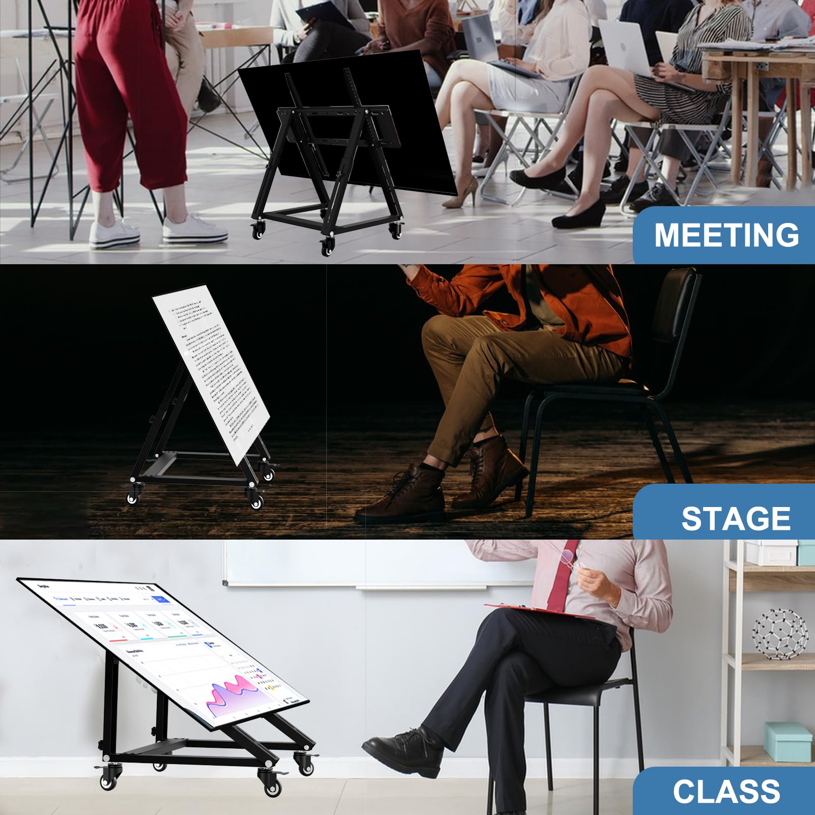 Support TV mobile à faible hauteur, support TV bas avec roulettes pour TV de 26 à 65 pouces, hauteur réglable, angle de vision réglable de 36° à 68°, max 50 kg, VESA 600×500, support moniteur