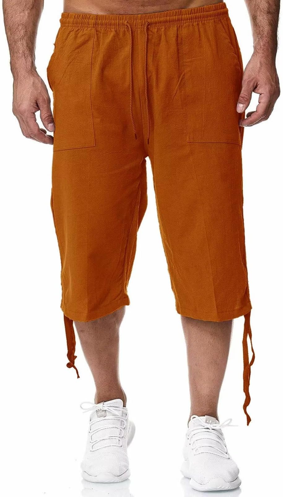Men's Cotton Linen Pants Casual Beach 3/4 Shorts Summer Trousers Elastic Waist Lightweight