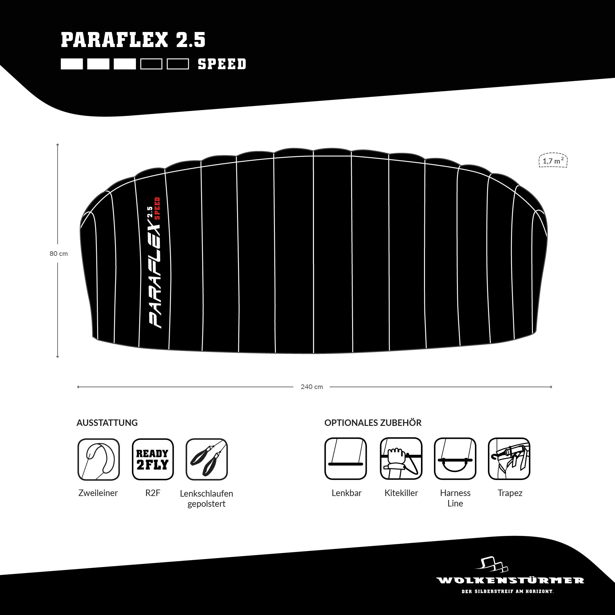 Wolkenstürmer Paraflex Speed 2.5 tapete de dirección | Cometa | para Altas velocidades (R2F)