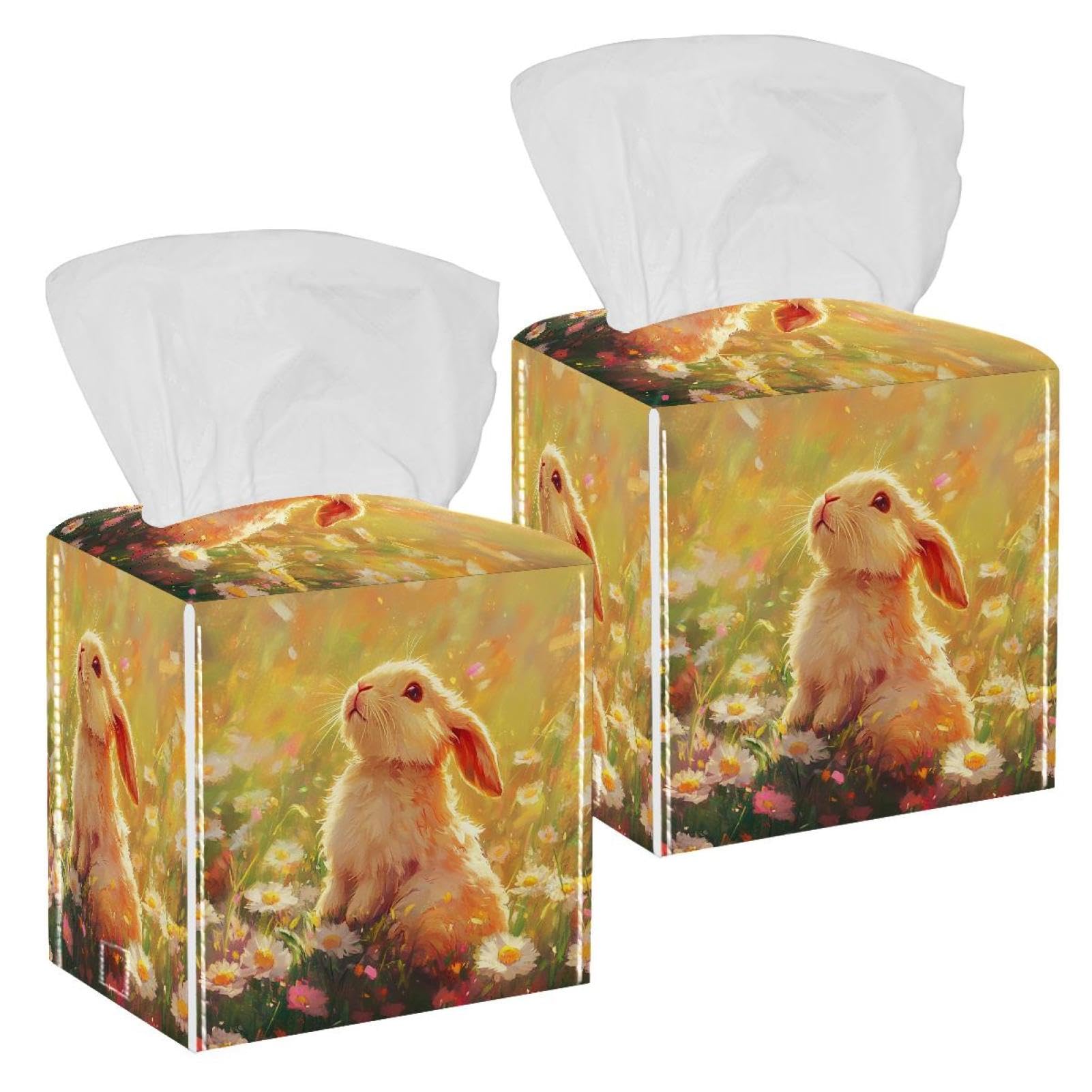 Cute Rabbit Tissue Box Cover, 2 Pack PU Leather Square Facial Tissue Dispenser Box holder for Home Office Car