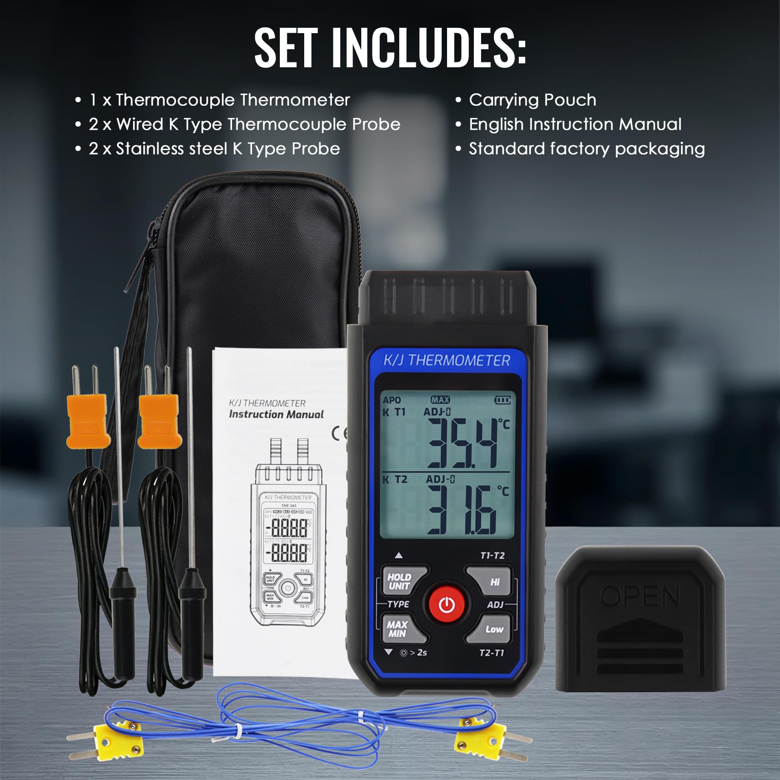 Termometro a termocoppia tipo K/J a due canali 4 sonde -200 a 1372°C misuratore temperatura CVC ATC