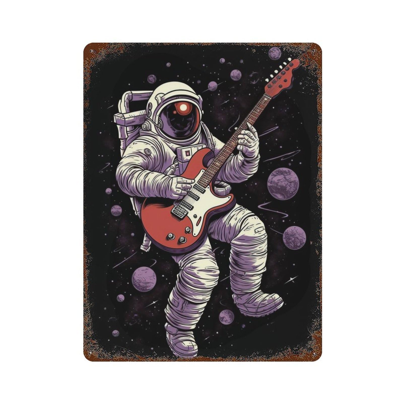 Rusty Metal Tin Sign Astronaut Playing Guitar 15.7"x11.8", Industrial Home Decor for Patio, Garden Room And Bar Decor