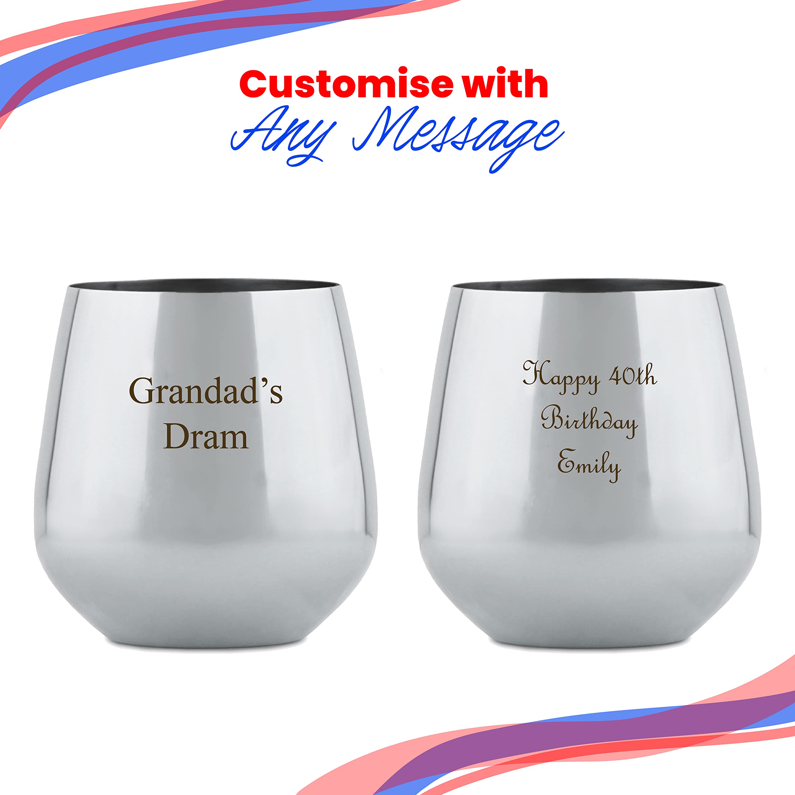 Vaso de vino plateado de metal grabado personalizable, personalizable con cualquier mensaje para cualquier ocasión, estiliza con una variedad de fuentes, caja de regalo incluida, grabado con láser