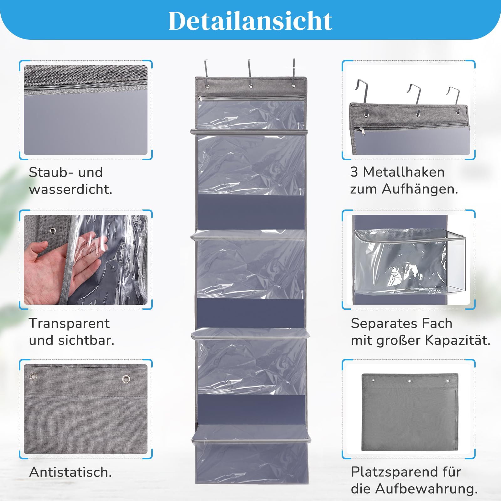 Tür hängende Wolle Aufbewahrung, Hängeorganizer Tür mit 5 durchsichtigen Kunststofftaschen & 3 großen Metallhaken für Stricknadeln,Hängender Garn-Organizer für Stricknadeln, Häkelnadeln, Nähkugeln