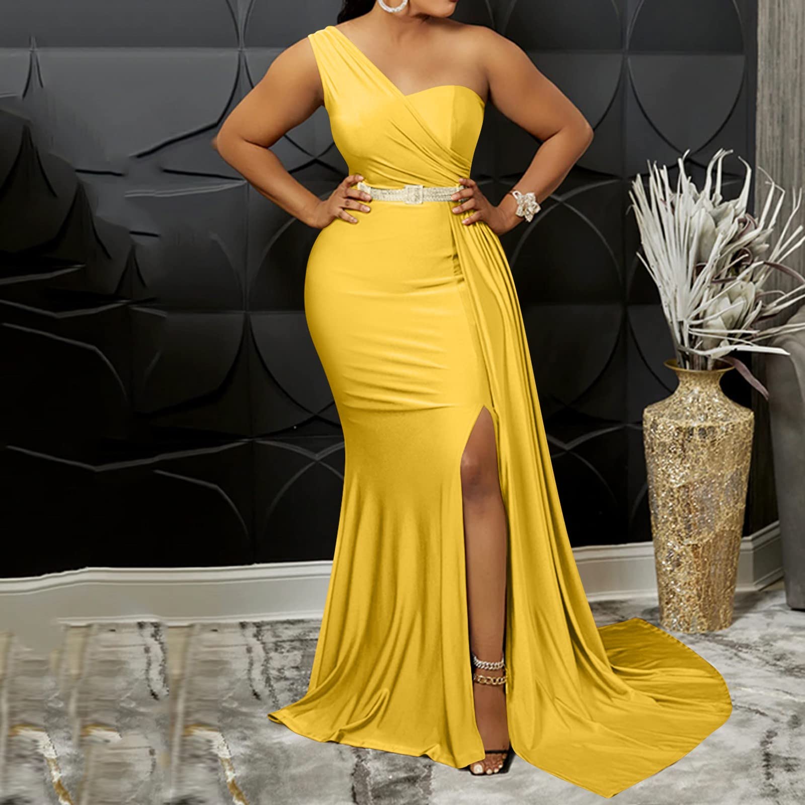 QWUVEDS Vestido Envuelto Rojo Mujeres Sexy Hombro Largo Vestido de Fiesta Elegante Bodycon Maxi Formal Vestidos de Noche con Ranura Vestido Blusa