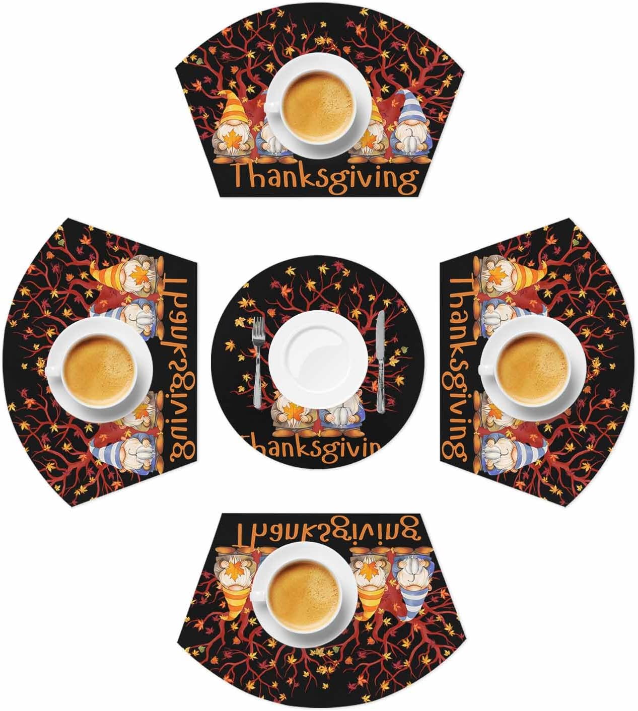 Black Thanksgiving Gnomes Placemats Set of 5, Orange Red