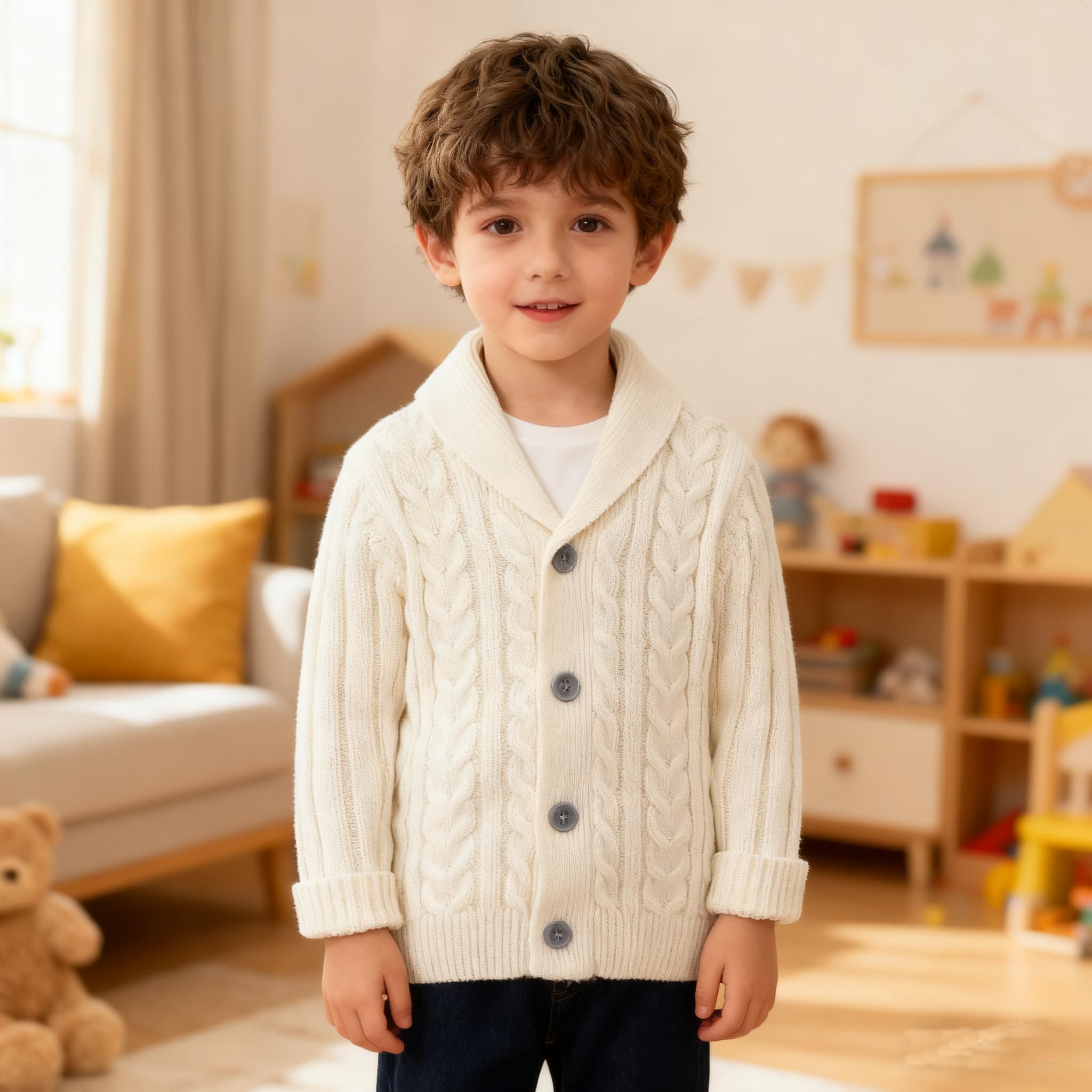 Feidoog Dziecięcy sweter z dzianiny z guzikami, dekolt w serek