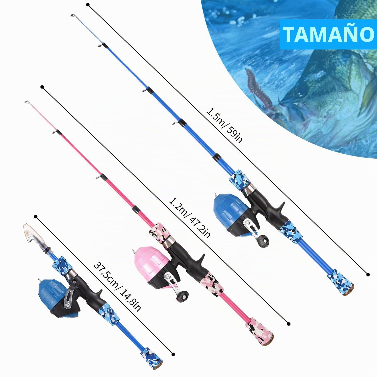 Combo de Carrete y caña de Pescar, Kit Combinado de caña de Pescar y Carrete telescópico para niños, con señuelos de Pesca, líneas de Pesca, anzuelos