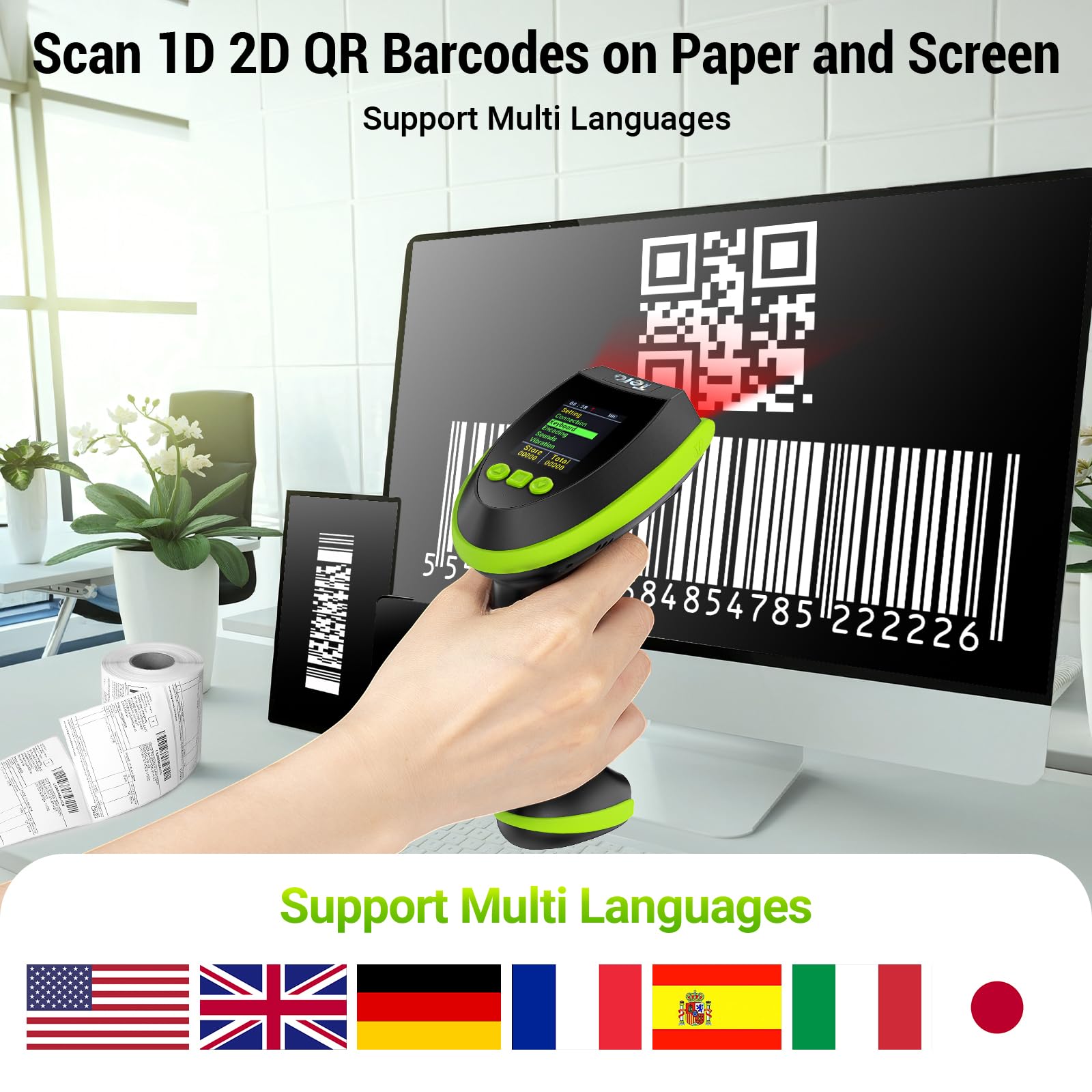 Tera Scanner di codici a barre wireless 2D con supporto: versione Pro con schermo di regolazione digitale e tastiera, funziona con Bluetooth 2,4 G cavo USB wireless extra veloce portatile HW0009-Z