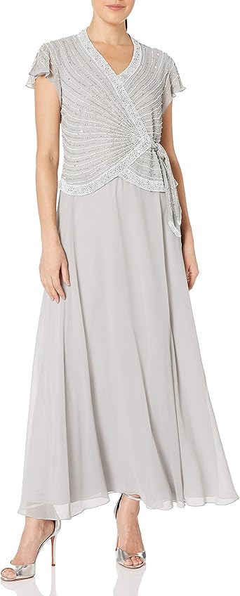 Amazon Com J Kara Women S Petite Short Flutter Sleeve V Neck Long Beaded Dress Clothing