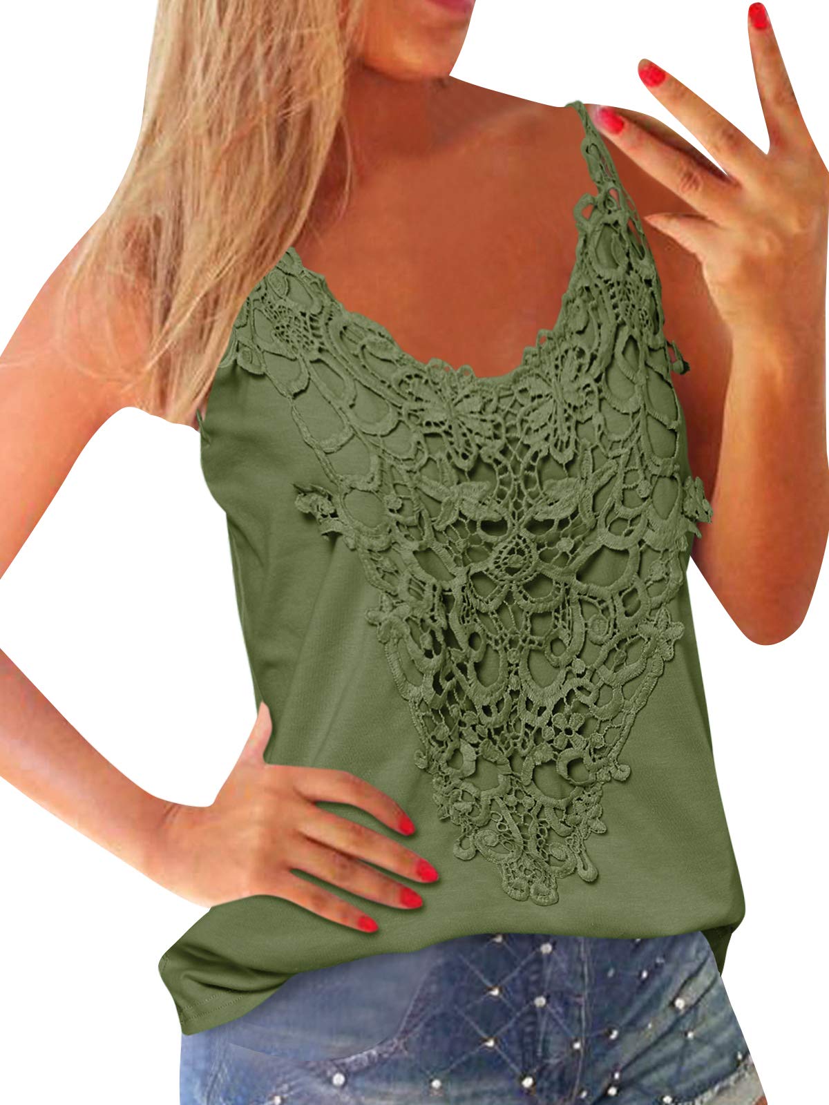 ZANZEA Mujer Camisetas Sin Mangas Verano Talla Grande Sexy Encaje Cami Top Tirantes Cuello V Blusas Vest