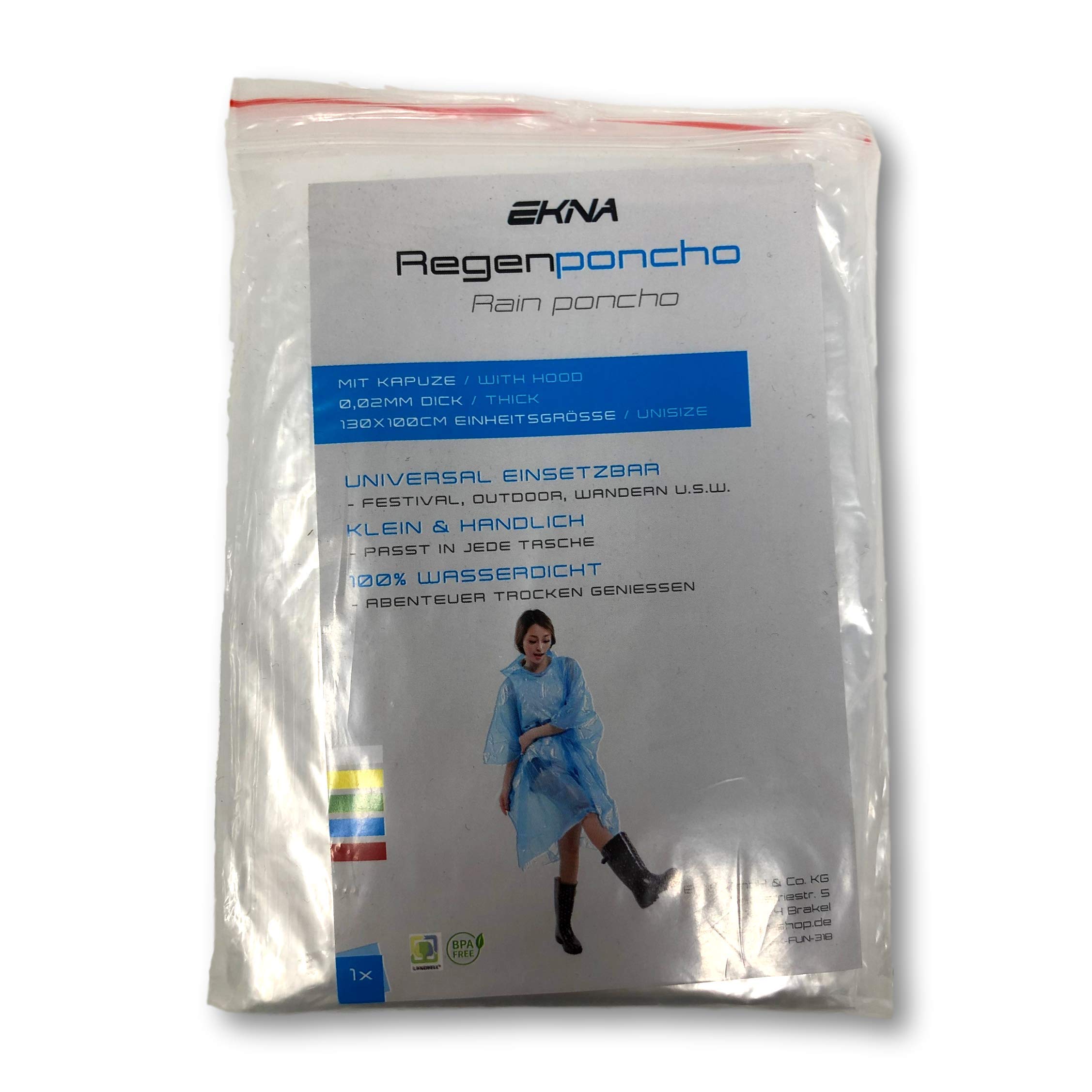 EKNA Poncho de pluie jetable - 5x Cape de pluie - Ponchos pour femmes et hommes avec capuche pour festival, concert, randonnée, vélo, camping