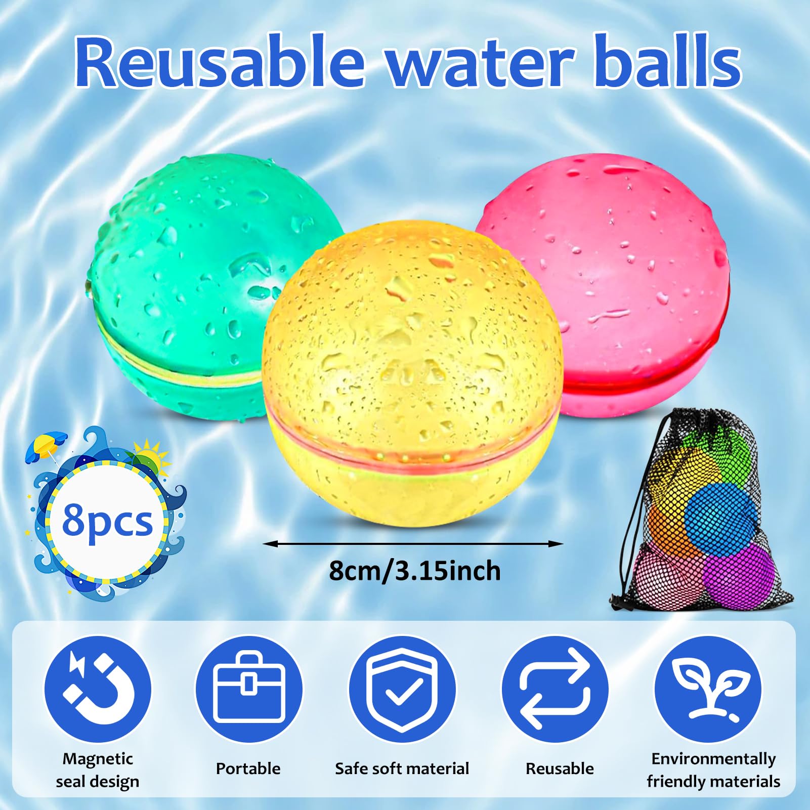 Ballons Eau Réutilisables Enfants Adultes 8 Ballons à Eau Réutilisables  Silicone - Jeux D'eau été Pour Enfants Et Adultes Bombes Eau Silicone été, image size:1601x1601