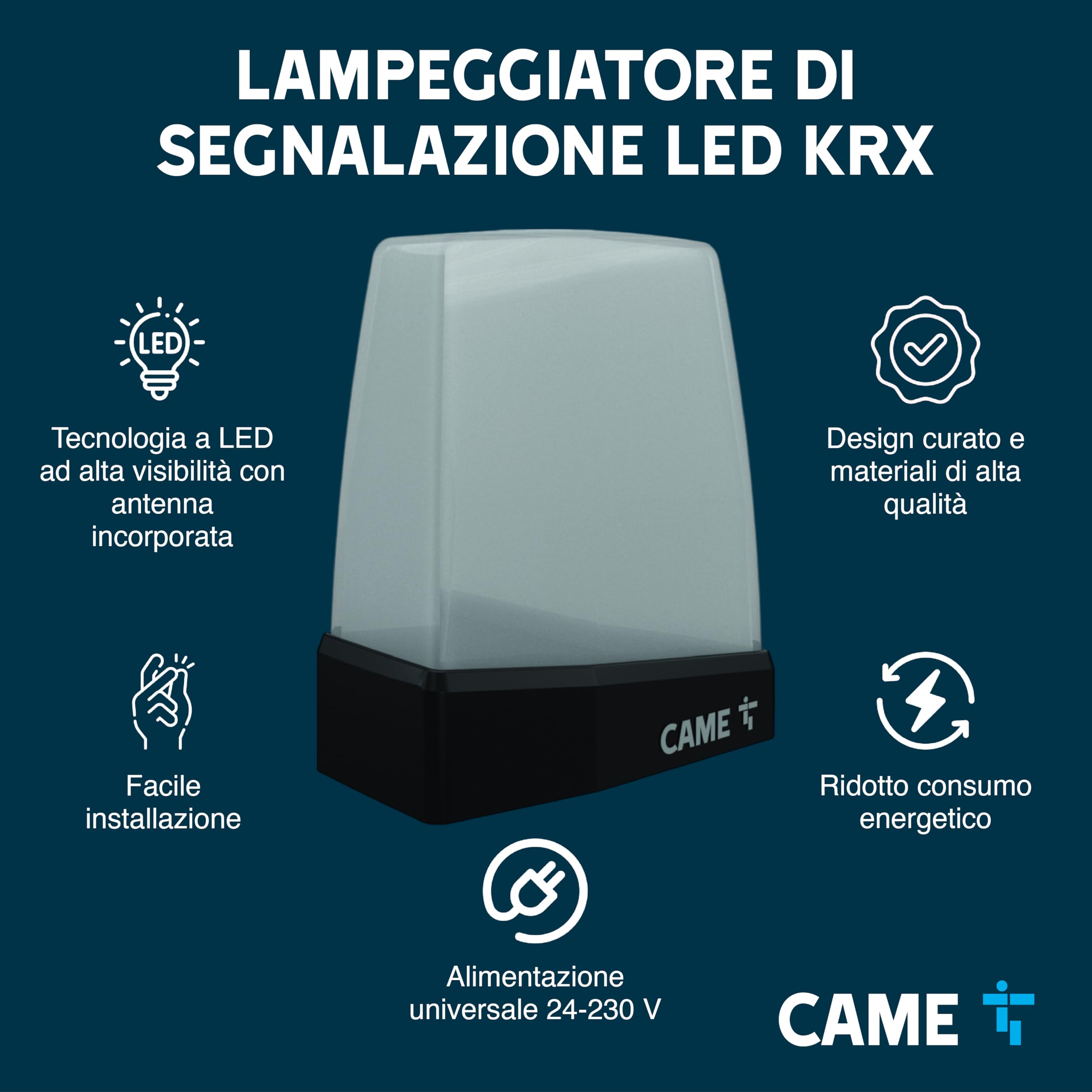 Came Lampeggiatore KRX di segnalazione a LED alimentazione 24 V - DC fino a 230 V AC con cupola bianca, ideale per sistemi di automazione e garantisce alta visibilità, affidabilità e durabilità