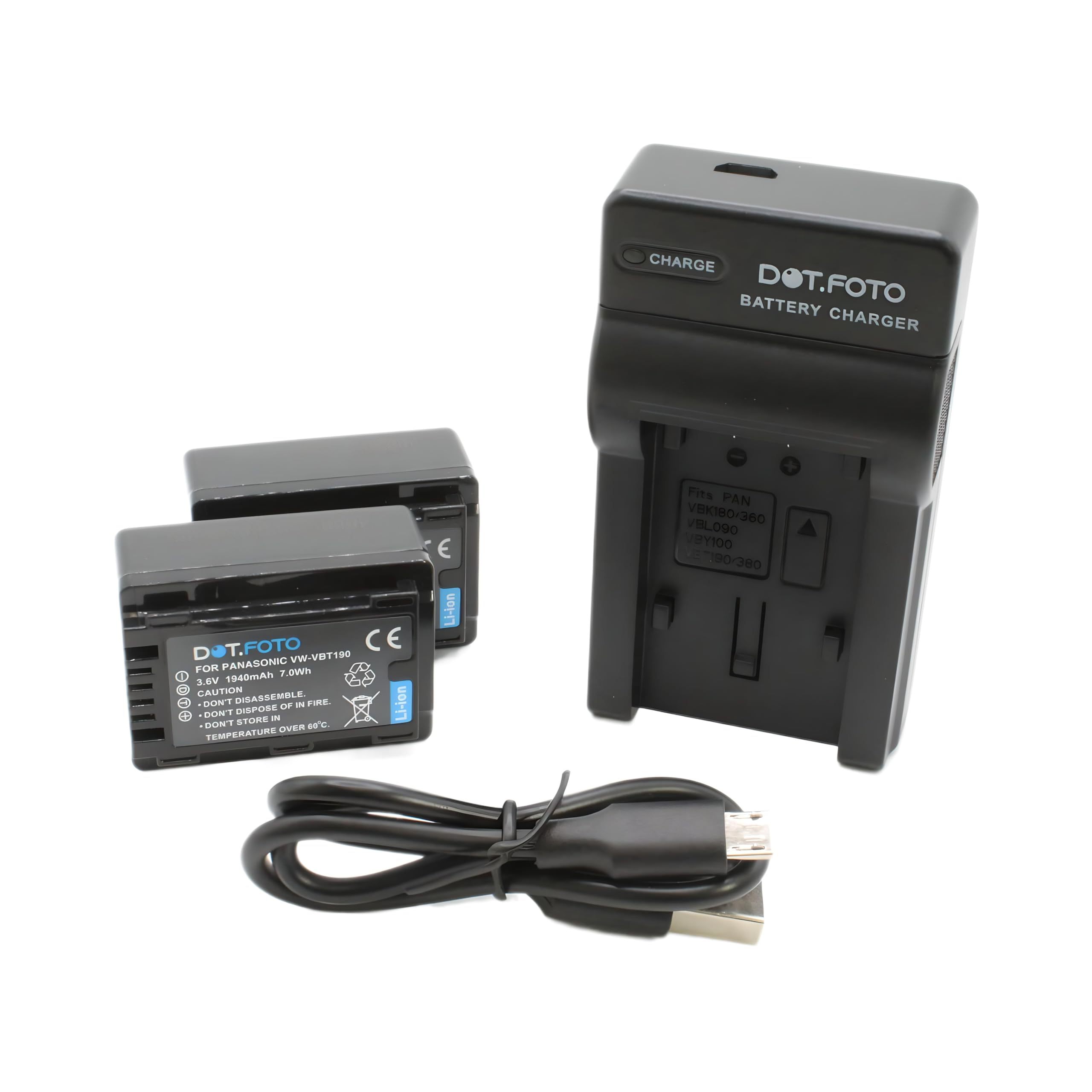 VW-VBT190 Premium 1940mAh Batterie (x2) & Chargeur de Batterie USB pour Panasonic HC-V110, HC-V130, HC-V160, HC-V180, HC-V201, HC-V250,HC-V260,V720 V750 V770 V777 VX870 VX980 VX989