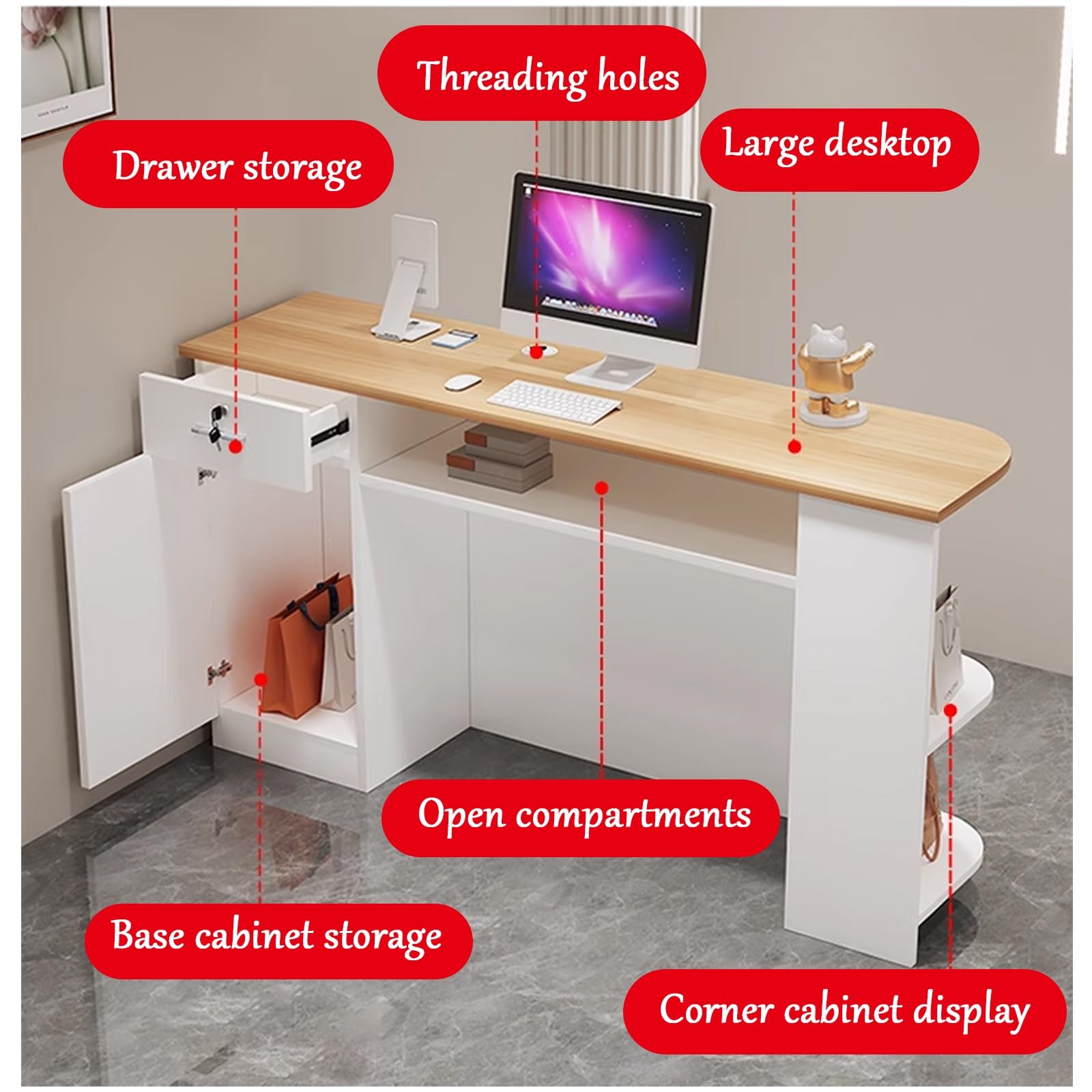 Kleiner Kassentisch mit abschließbarer Schublade und offenen Regalen, kompakter Bürotisch und Salon-Empfangstisch, 99,8 x 39,9 x 89,9 cm, Weiß