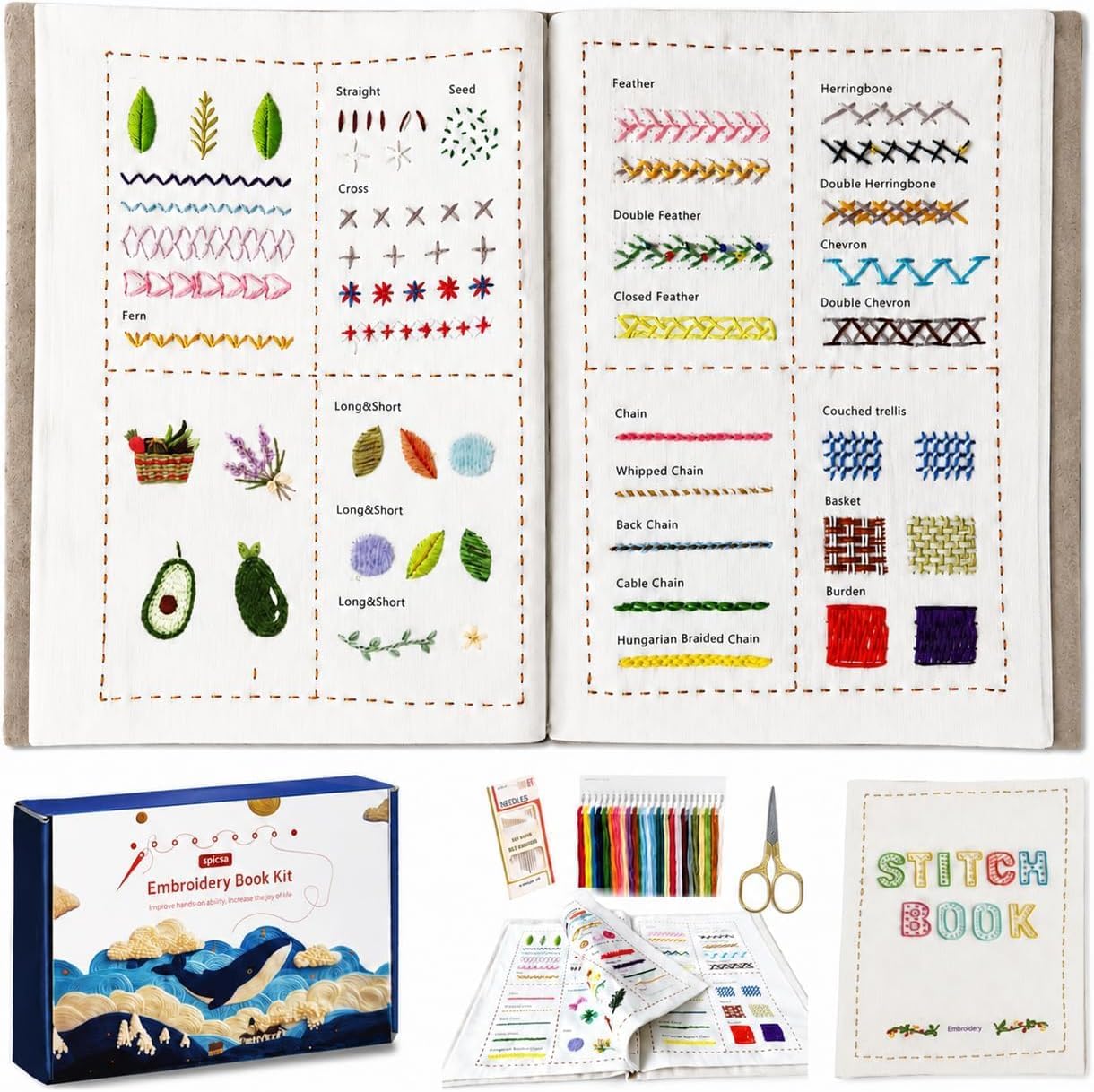 spicssa Beginner Embroidery Stitch Book Kit, 79 Stitches, Video Tutorials