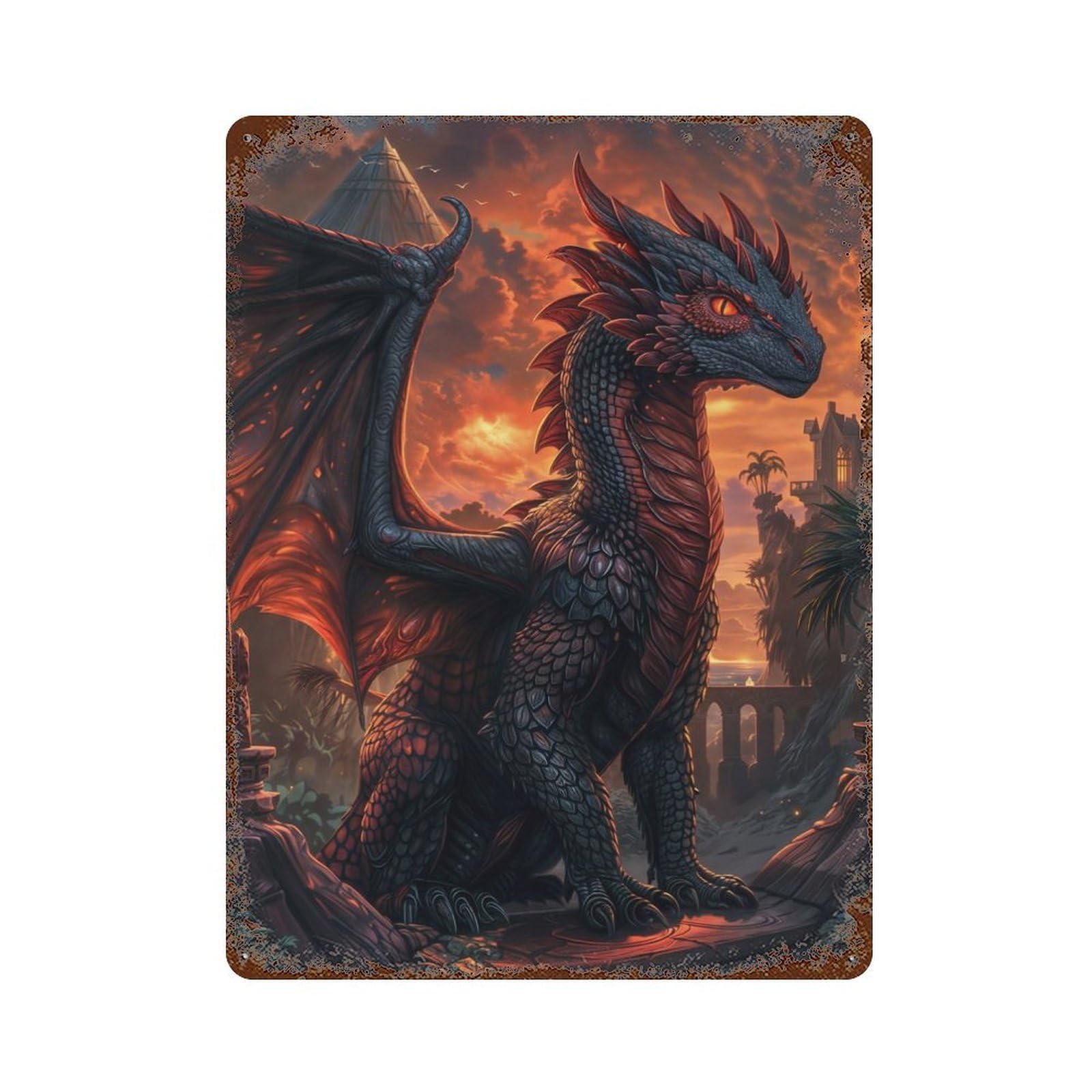 Rusty Metal Tin Sign with Sunset Dragon Sentinel Design 15.7"x11.8", for Garage, Bar And Workshop Decor, Decorative Metal Wall Art