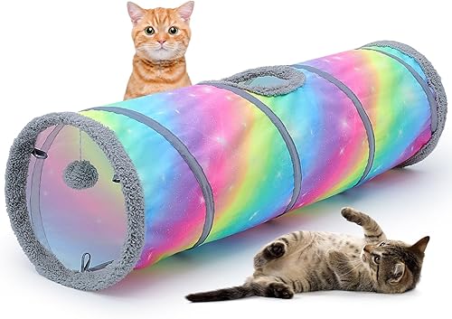 Glittme Túnel para gatos, túneles de 2 vías para gatos de interior con 2 bolas de juguete, cueva para gatos Peekaboo, tubos plegables y túneles para