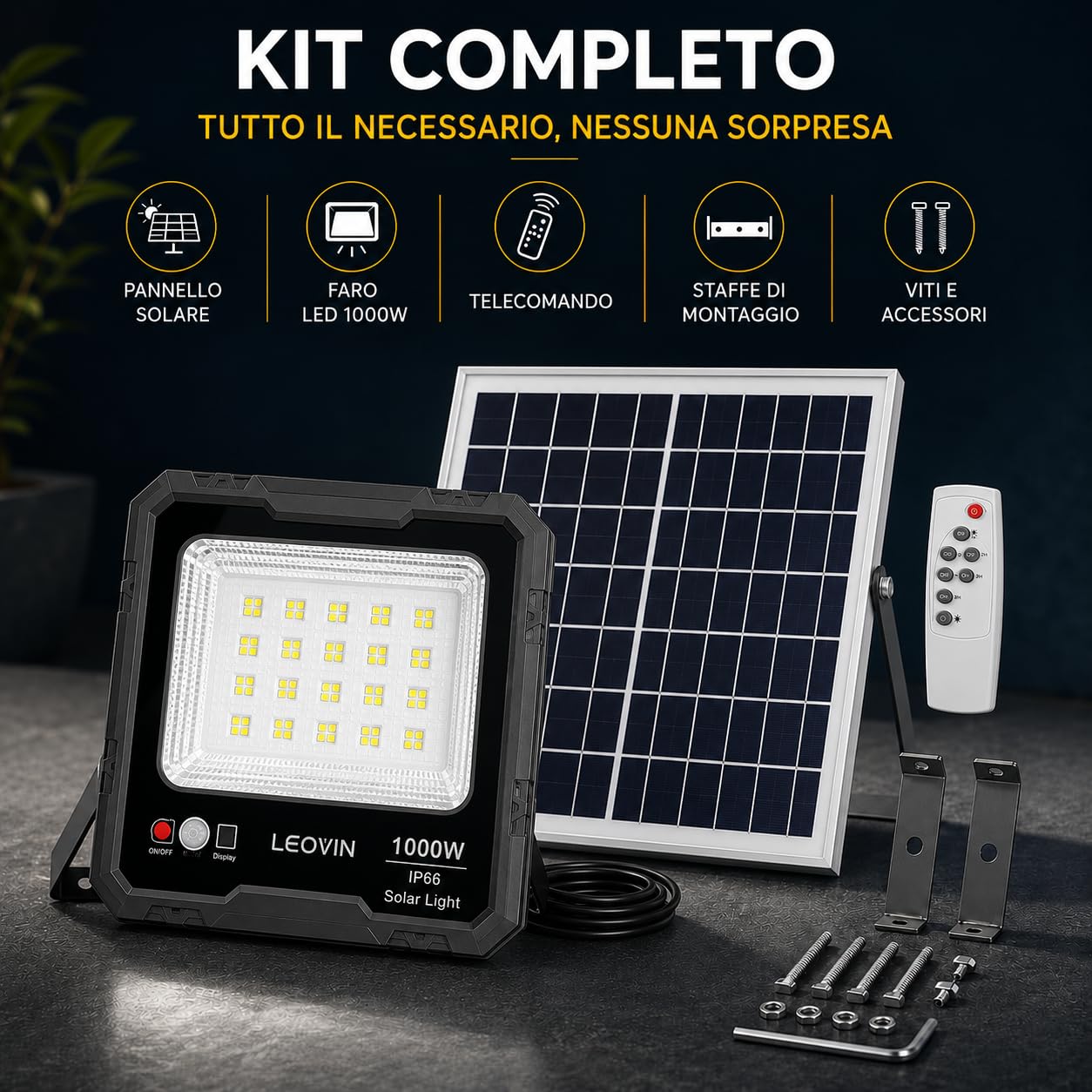Generico Faretto Solare LED 1000W con Pannello Solare Esterno, Sensore di Movimento PIR, Telecomando, Batteria 5400mAh, 144 LED Alta Luminosità, Impermeabile IP66 per Giardino, Cortile, Garage