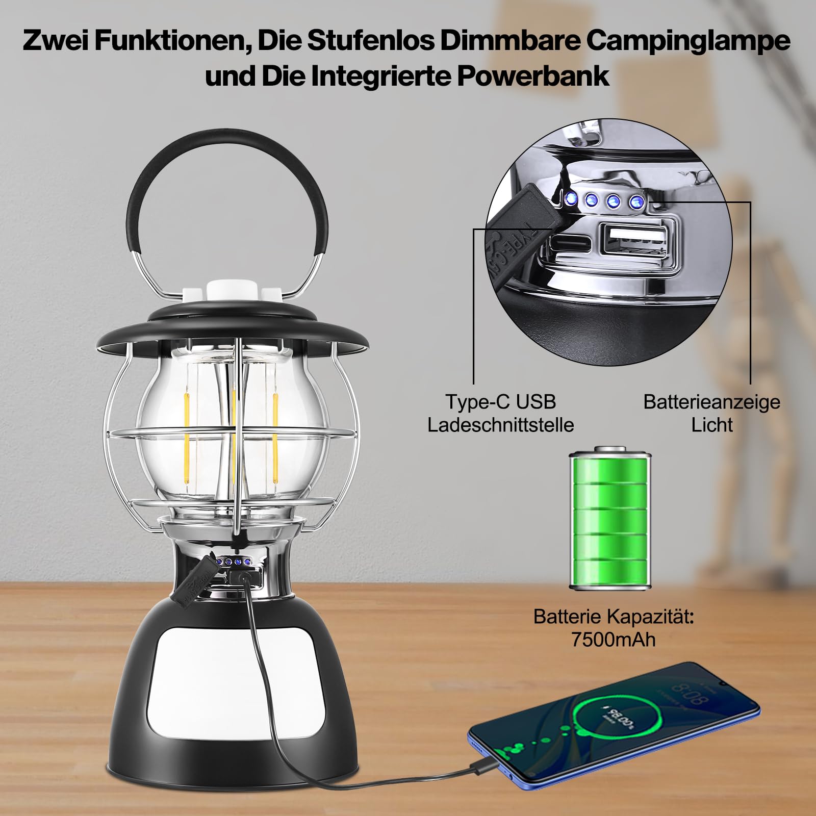lampa kempingowa LED, możliwość ponownego ładowania, 3 tryby świecenia, 250 godzin, bezstopniowe ściemnianie, 4000 K-6500 K, 350 lm, IP44, wodoszczelna lampa namiotowa, lampa z powerbankiem