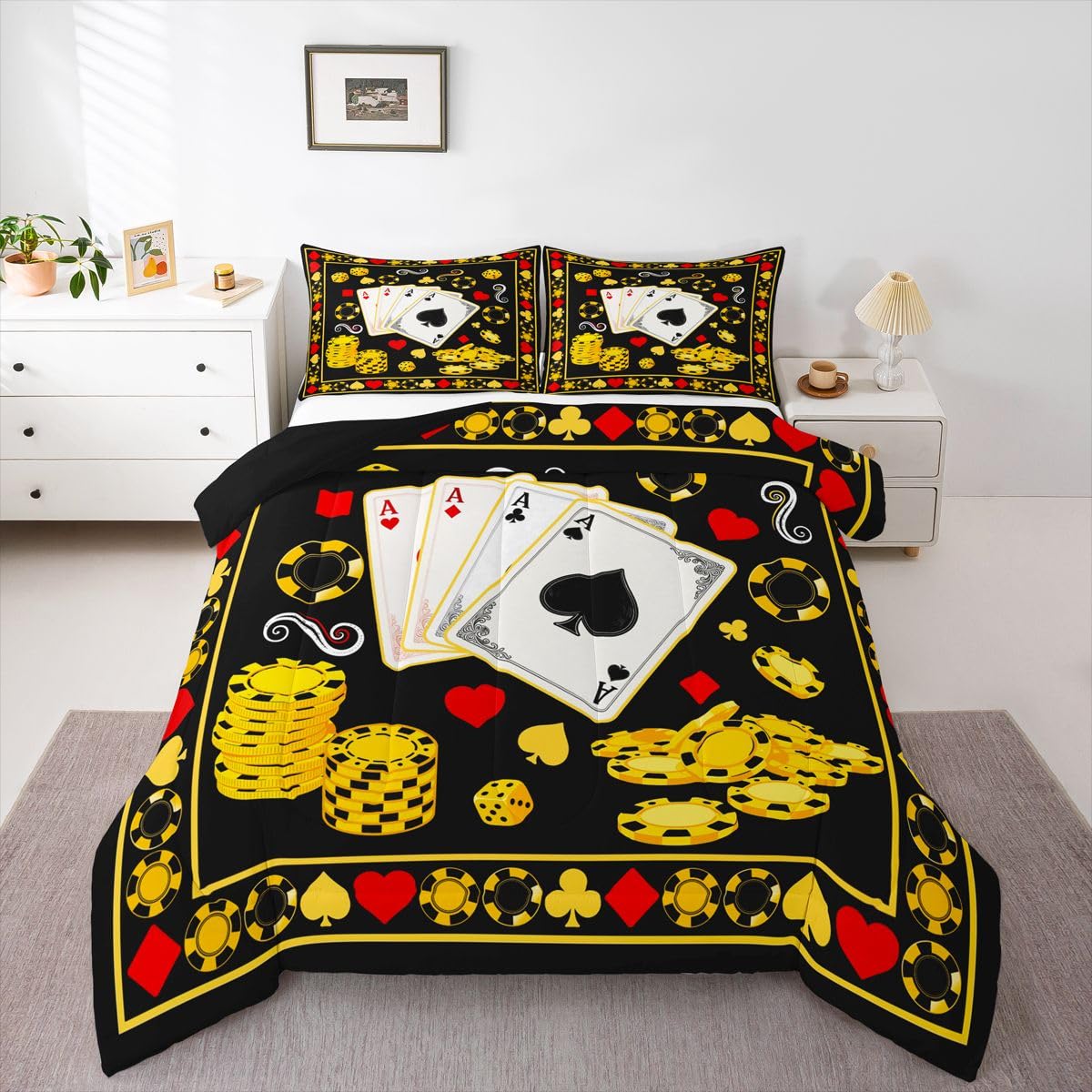 Homewish Poker Casino Vintage zestaw pościeli King Size - gra karciana retro zestaw pościeli poker gra żetony zestaw kołdry - czarny złoty retro bez przykrycia kołdra z 2 poszewkami na poduszki