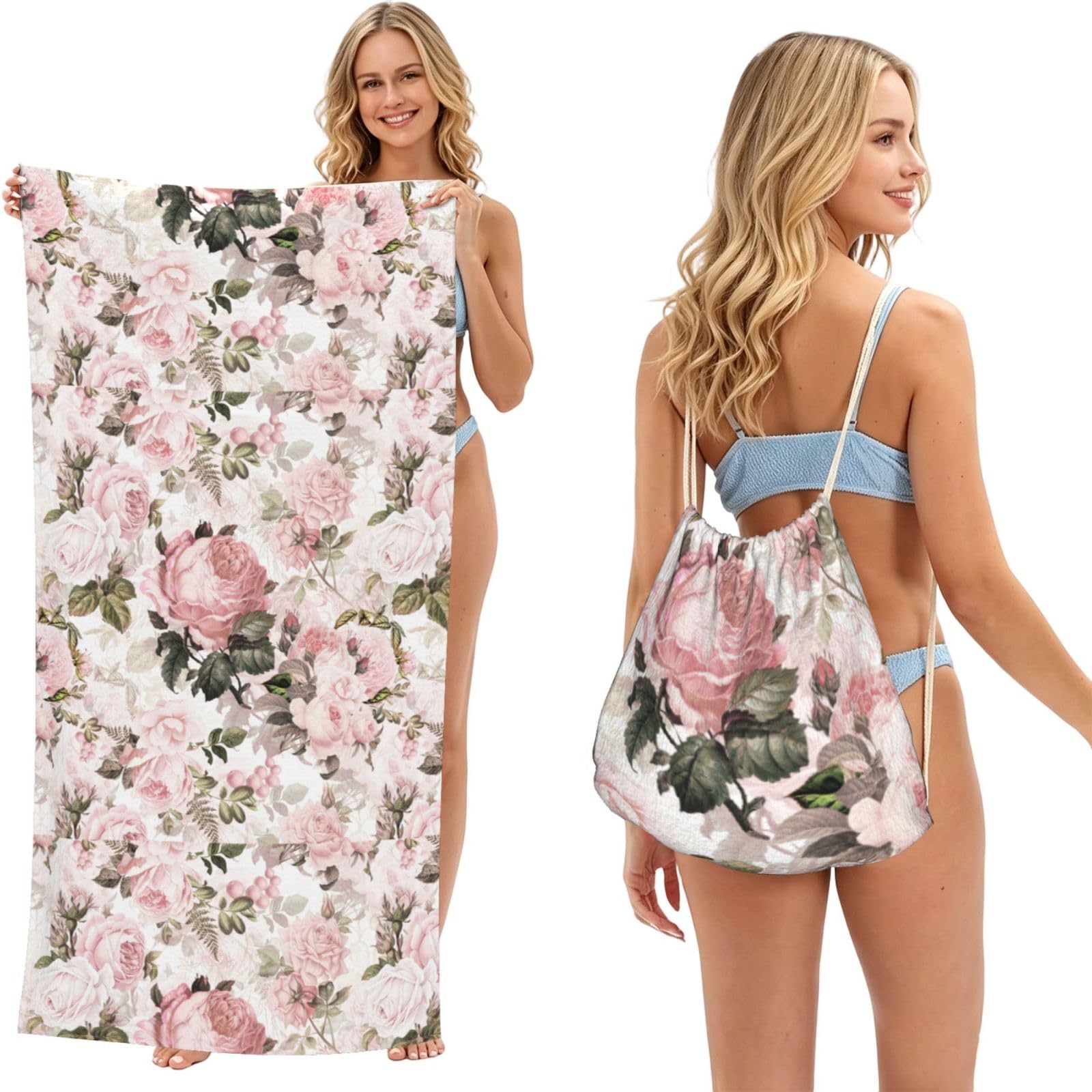 Poadnly As Picture Vintage Shabby Chic Sepia Pink Roses, 2 In 1 Packable Towel Bag, Beach Towels With Drawstring Backpack For Travel Holiday Camping