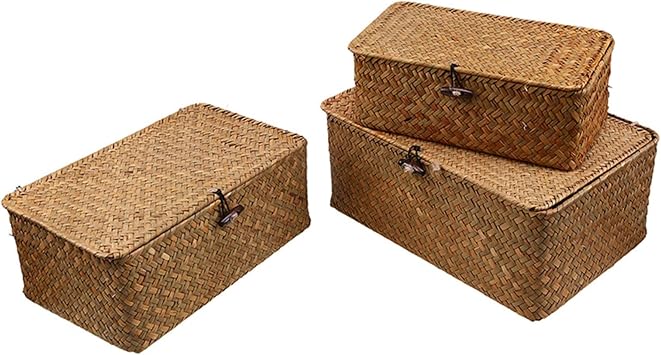 Seagrass Storage Basket, Handwoven Seagrass Basket with Lid, Rectangular Laundry Basket, Natural Storage Basket, Versatile for Hallway, Balcony, Sc, M