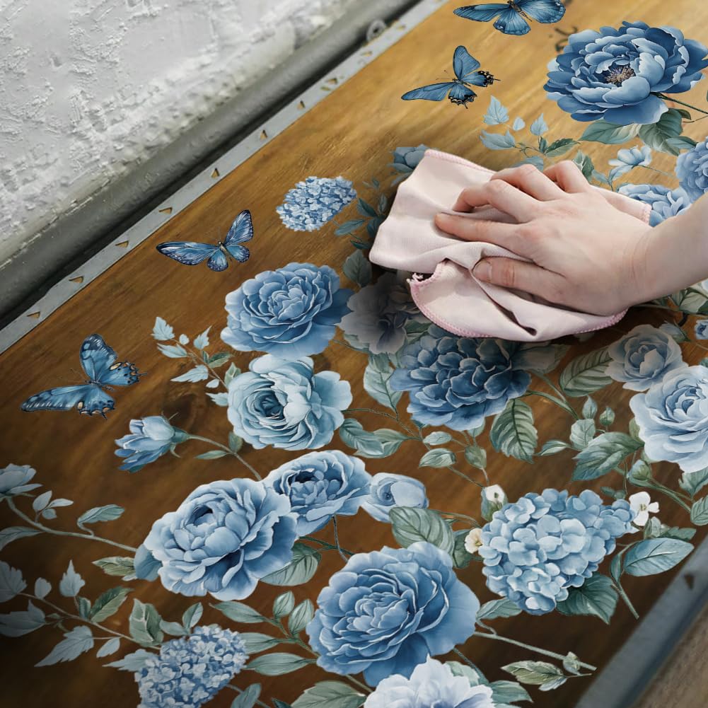 OLYCRAFT Set da 6 pezzi di fiori blu verdi strofinano sui trasferimenti per mobili e mestieri 15 x 30 cm farfalle decalcomanie per mobili decalcomanie per mobili e piante adesivi trasferimento con 1