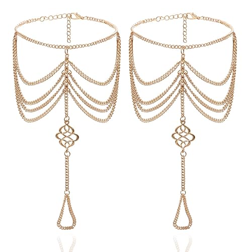 Bienvenu 2 PCS Multi Chain Beach Tassels Anklet Chain Bracelet Barefoot Sandals Foot Jewelry - Gold