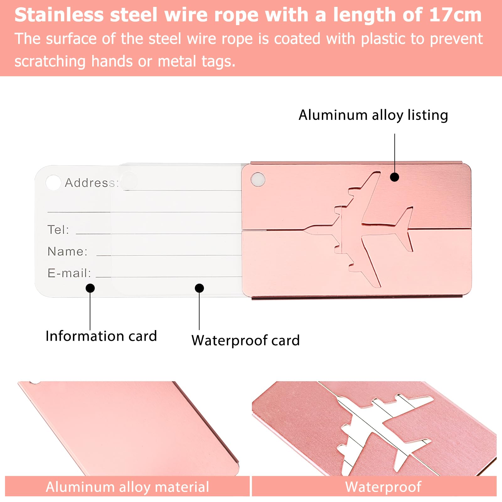 Set 6 Etichette Bagagli In Alluminio - Con Cavo Acciaio, Nome E Indirizzo, Per Viaggi Aereo - Foto 2