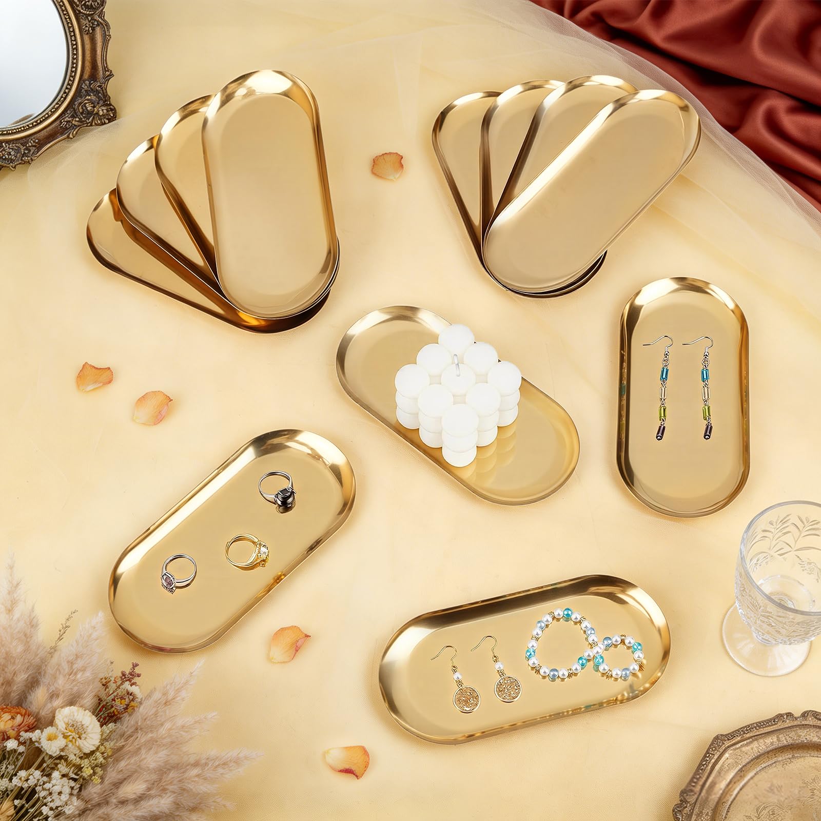 20 Teiliges Serviertablett Set Aus Edelstahl Schmucktabletts Goldene Servierplatten Dekorativ Zum Servieren von Speisen 17.5cm Ovale Aufbewahrungsschale Für Partybuffet Sushi Snacks