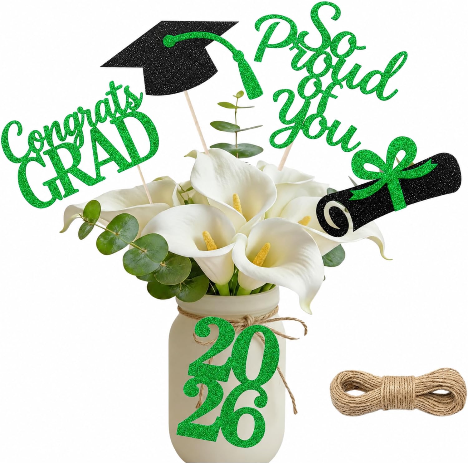 Photo 1 of ALISSAR 20-Pack Double Sided 2026 Graduation Party Centerpiece Sticks with 32.8ft Twine – Class of 2026 Graduation Decorations, DIY Table & Cake Topper Decor (Green)