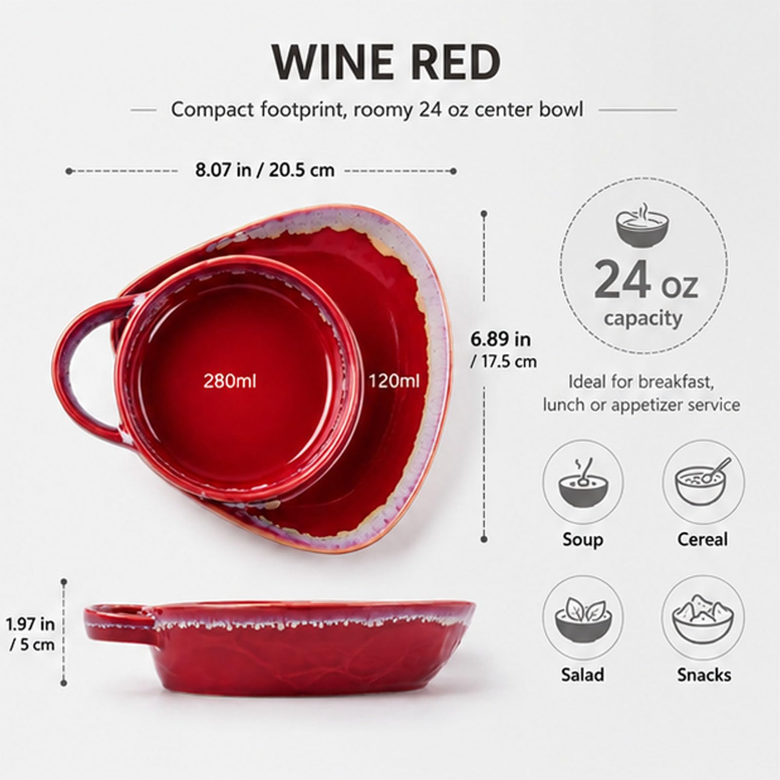 Juego de cuencos de cerámica color rojo vino para sopa y sándwich con