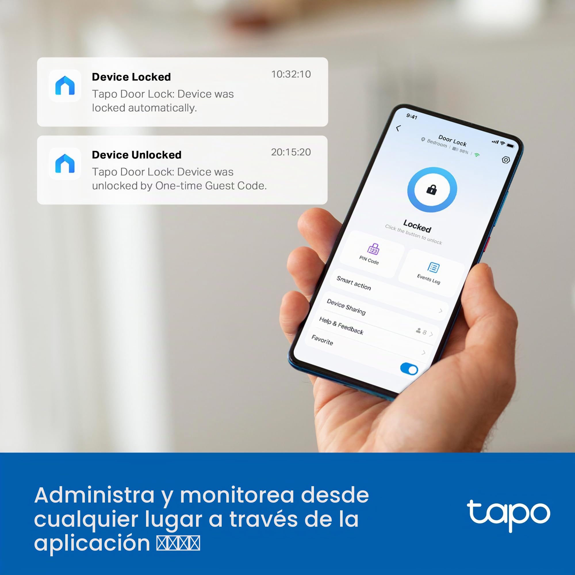 Tapo - Cerradura inteligente de puerta con cerrojo Wi-Fi – Botones táctiles sin llave, acceso personalizado con monitoreo en la aplicación, bloqueo automático, resistente a la intemperie IP54, grado