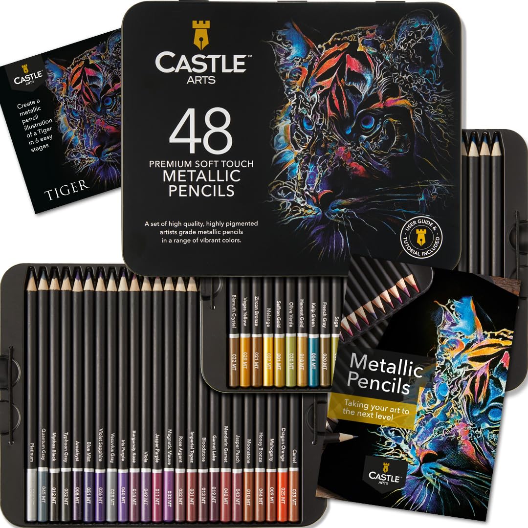 Castle Art Supplies Set de Crayons de Couleur Métallisés | 48 Tons Scintillants, Mines en Cire pour les Professionnels, Coloristes et Artistes Adultes | Protégés dans une Boîte de Présentation