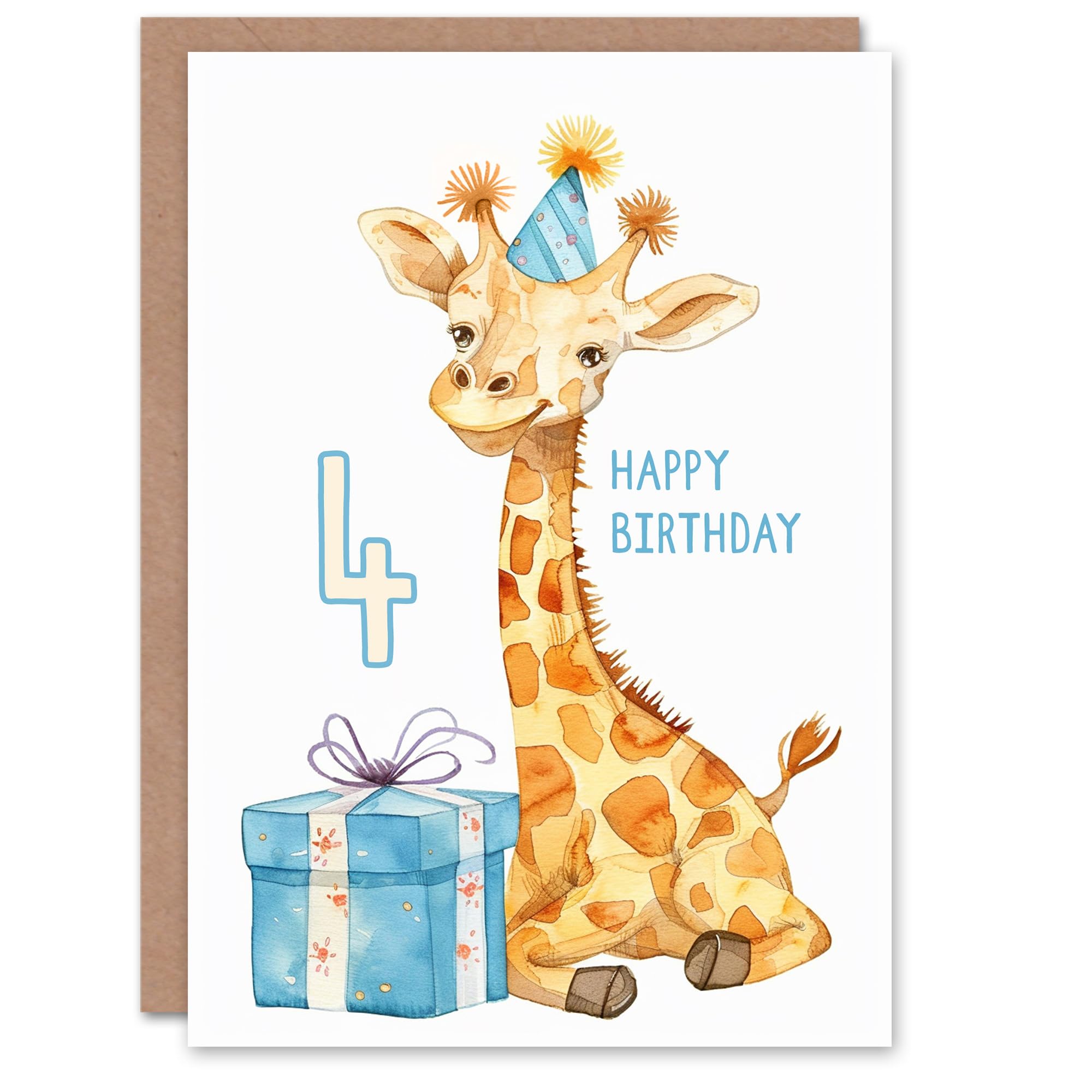 Artery8 Kids Birthday Card - Age 4 - Giraffe Party Hat - Yellow