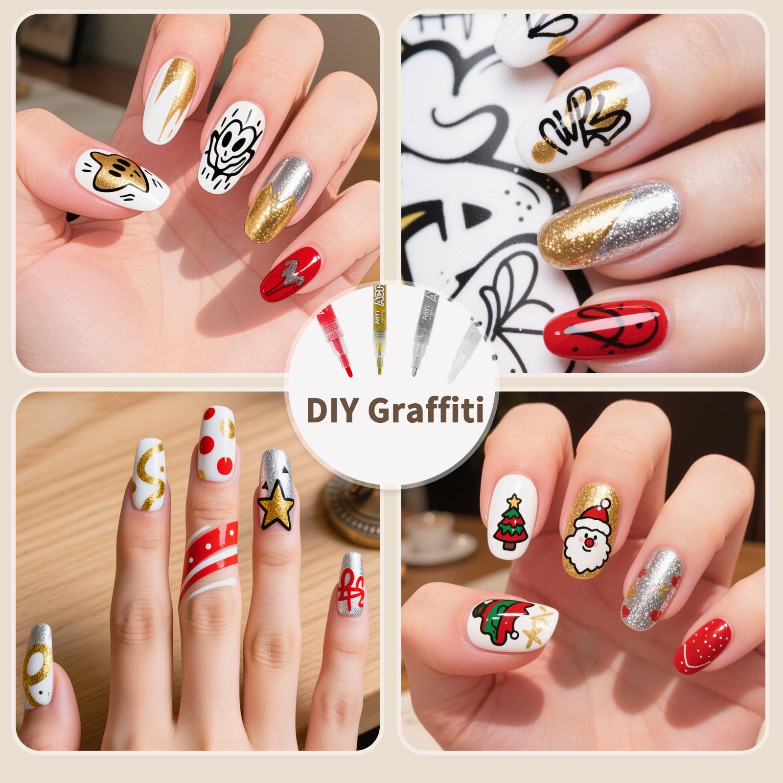Set Penne Nail Art 4 Colori, Bianco Oro Argento Rosso Penna 3D per French Nails Design Preciso Asciugatura Rapida per Manicure Fai-da-te e Professionale Graffiti nail art bellezza manicure strumenti