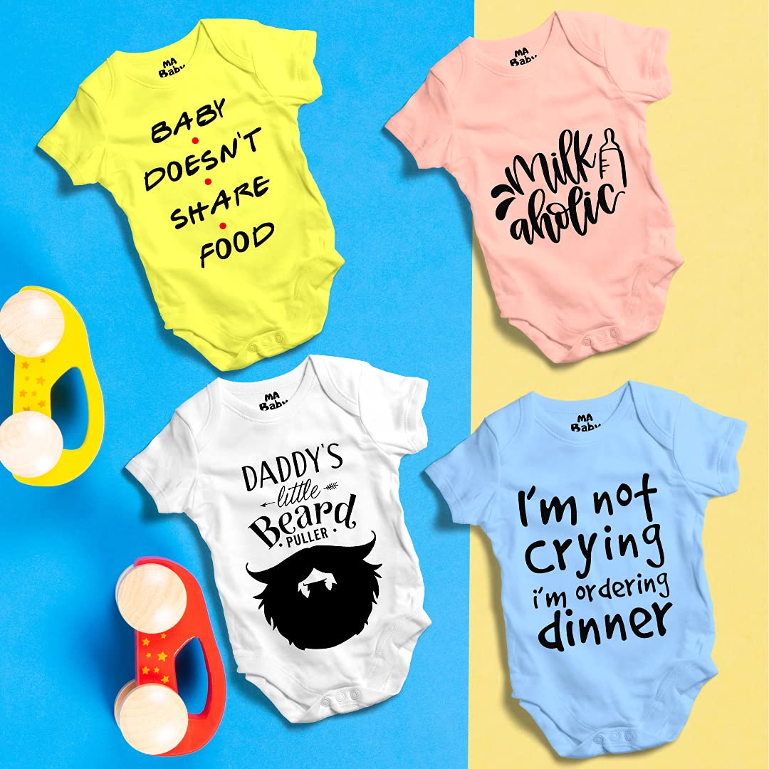 MA Baby Boys n Baby Girls Printed Cotton Baby Bodysuits Onesie Romper t Shirt for New Born Infant Toddlers Baby Dress Clothing Set of 4 (Multicolour 6-9 Months) 4