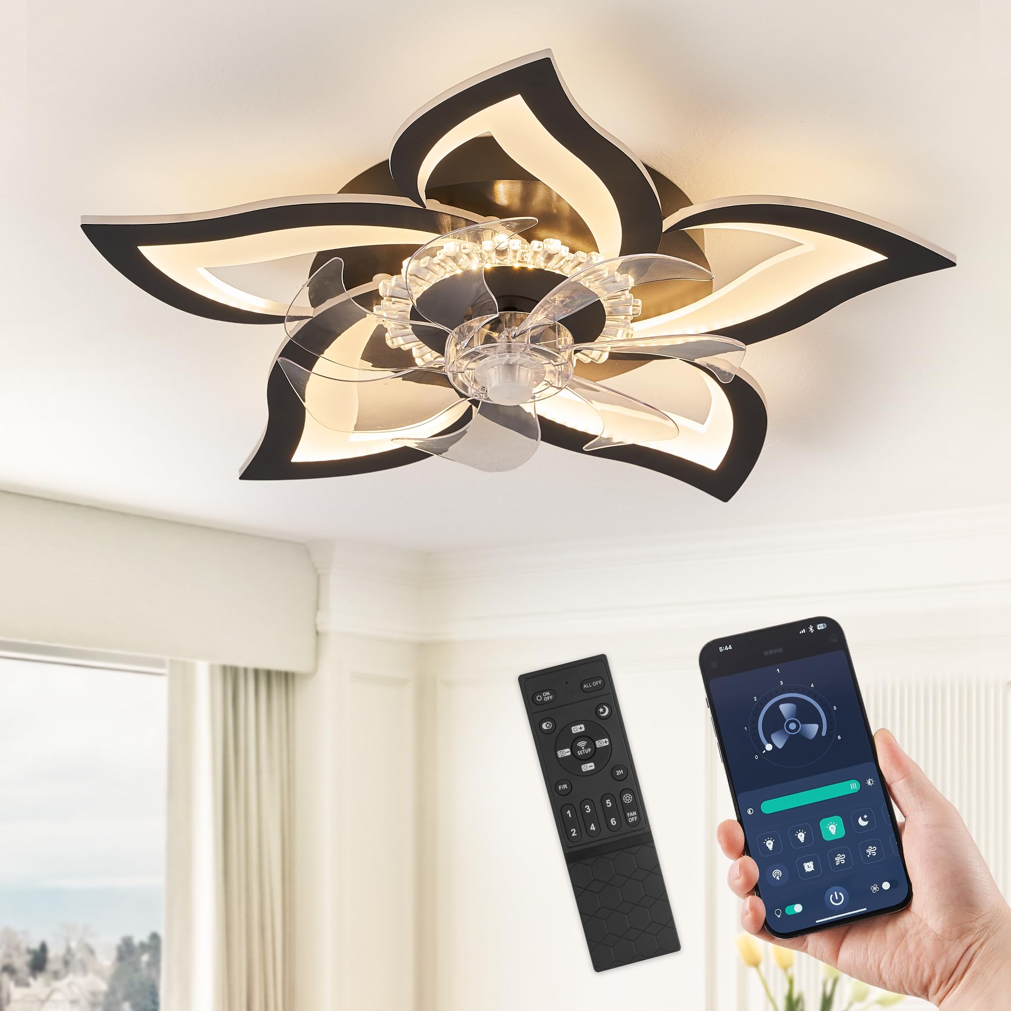 LEDIARY Flower Ceiling Fans with Lights, Small 27 Inch Modern Low Profile Ceiling Fan, Dimmable LED Ceiling Light Fixture, Flush Mount Ceiling Fans with Remote for Bedroom, Kitchen, Indoor-Black
