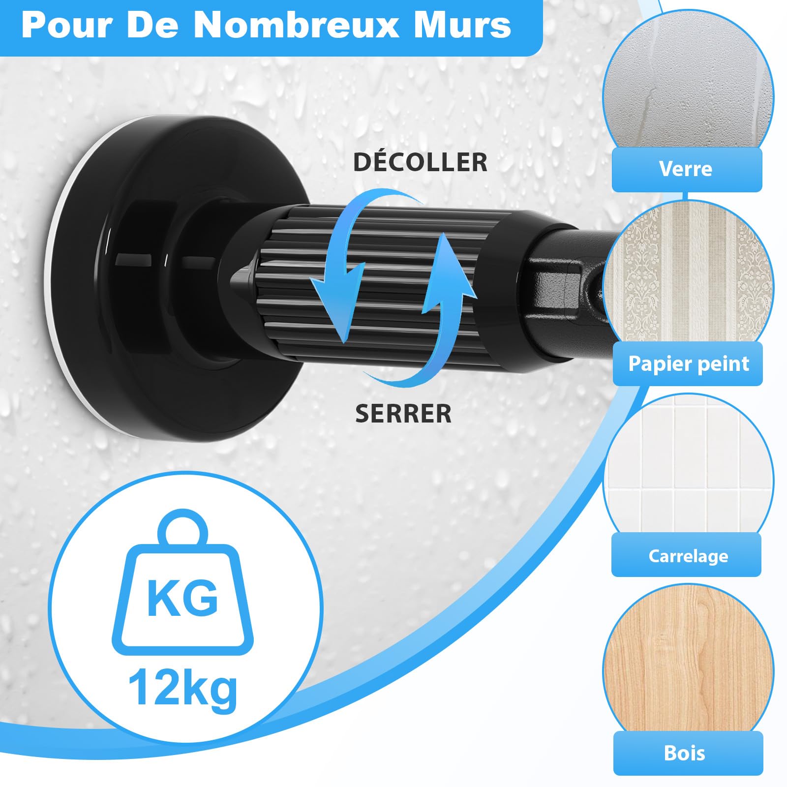 AIZESI Tringle rideau sans percage Extensible (104-422cm, Ø32mm, Noir) | Barre telescopique en acier inoxydable, adapté pour Salle de Bain Fenêtre Porte Penderie