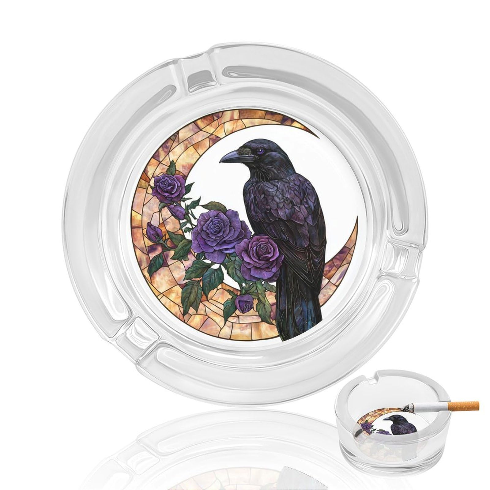 Raven with Purple Roses on Crescent Moon Glass Ashtray for Cigarettes Portable Decorative Ash Trays for Home Office Decor