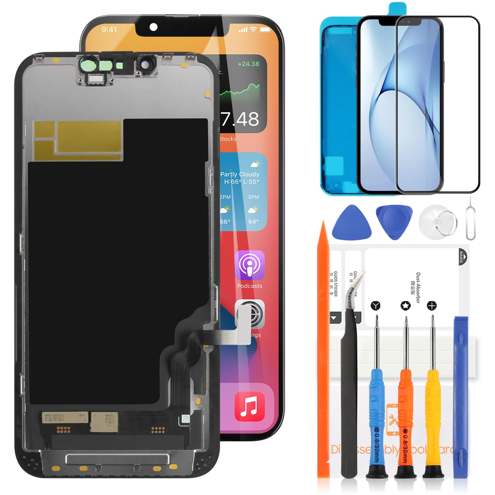 LADYSON Écran pour iPhone 13 Écran LCD pour iPhone 13 A2633 A2482 A2631 A2634 A2635 LCD Affichage Écran Tactile Numériseur Kit de Remplacement + Outil (Incell, Non Original)