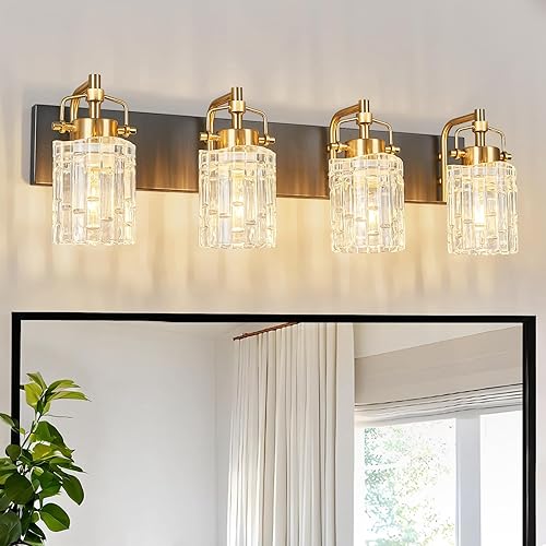 Moderna lámpara de tocador de 4 luces con pantalla de cristal - Lámpara de baño de oro negro
