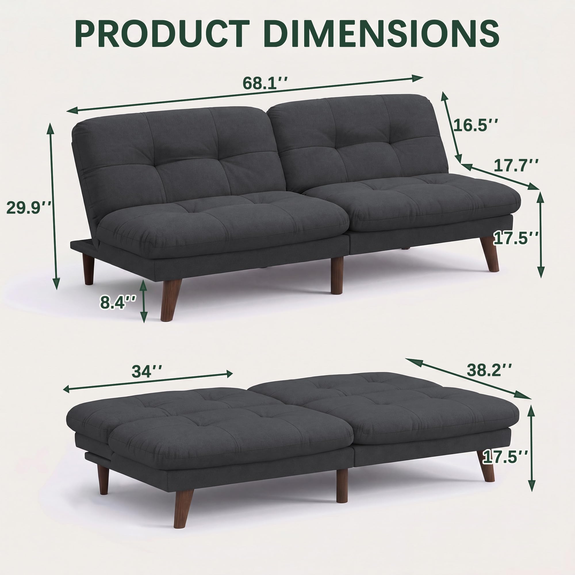 Flamaker 67'' Futon Sofa Bed, Modern Grey Linen Convertible Futon Couch | Folding Futon Set with Adjustable Backrest, Solid Wood Frame Loveseat, Recliner Lounge for Living Room, Apartment & Office